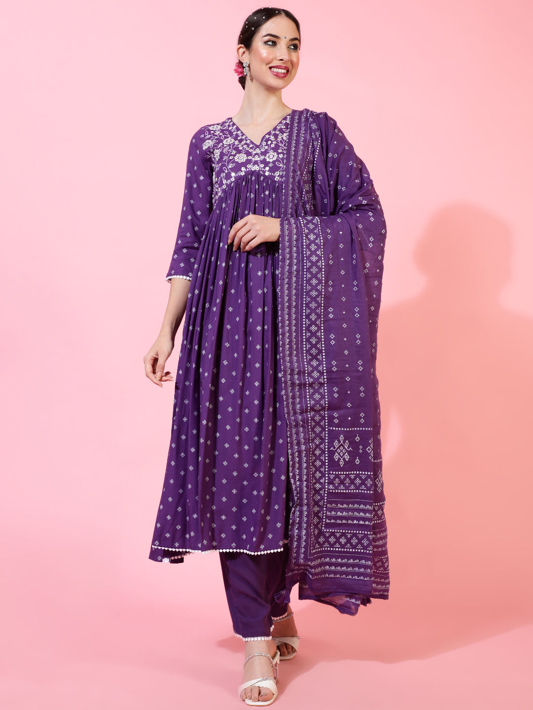 Rayon Calf Length Printed Flared 3/4 Sleeves V-Neck Kurta Bottom Dupatta Set