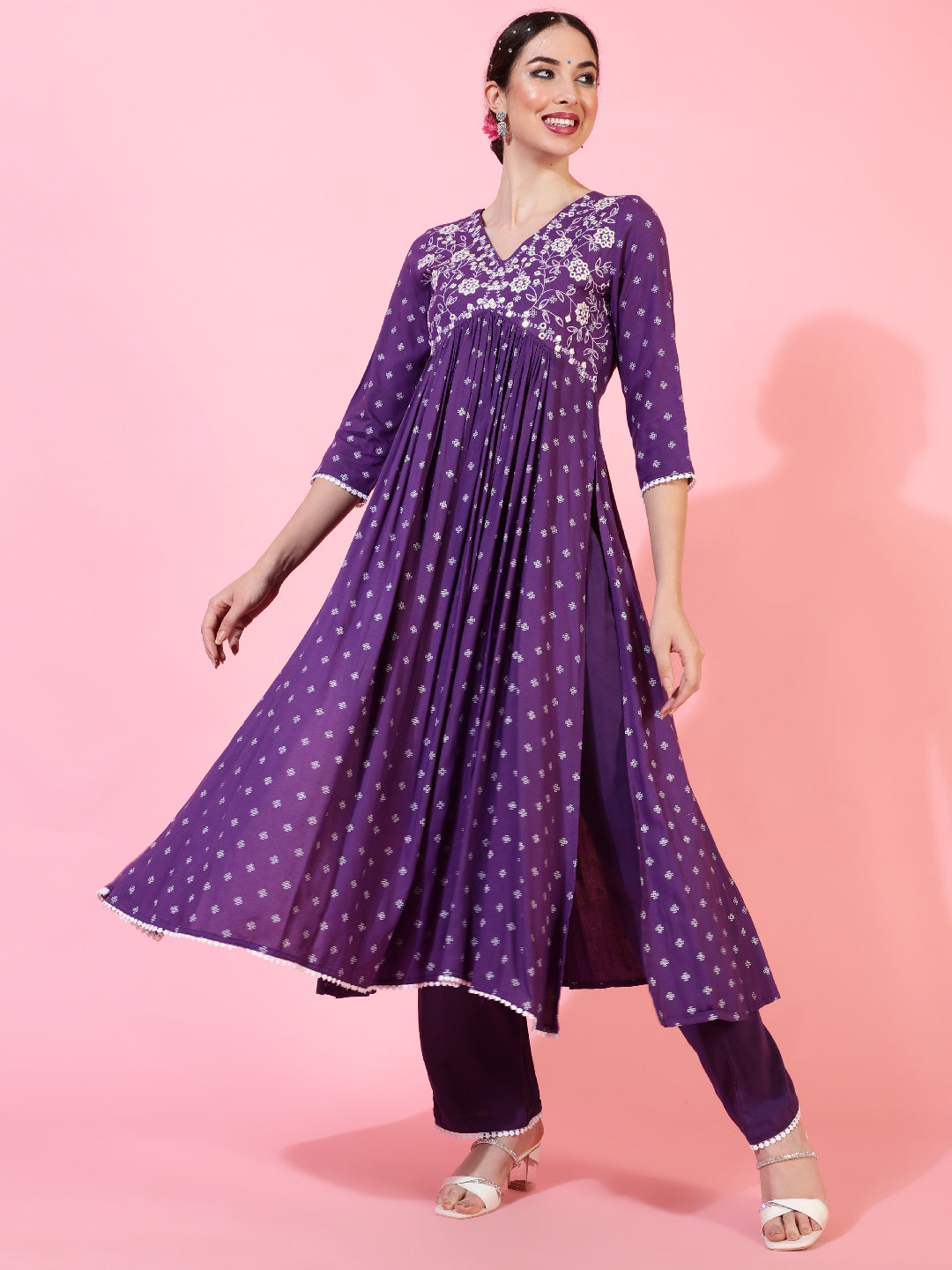 Rayon Calf Length Printed Flared 3/4 Sleeves V-Neck Kurta Bottom Dupatta Set