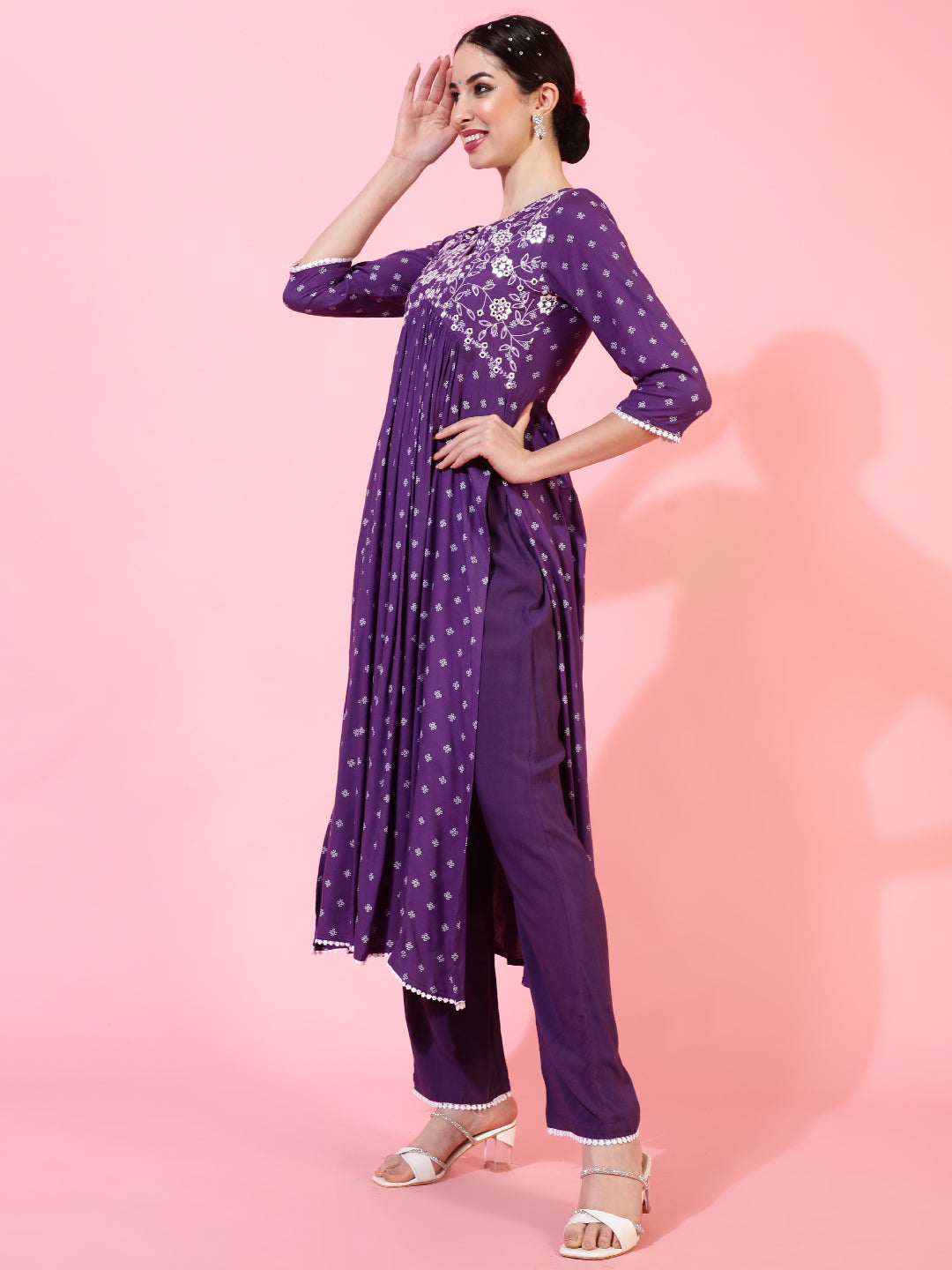 Rayon Calf Length Printed Flared 3/4 Sleeves V-Neck Kurta Bottom Dupatta Set