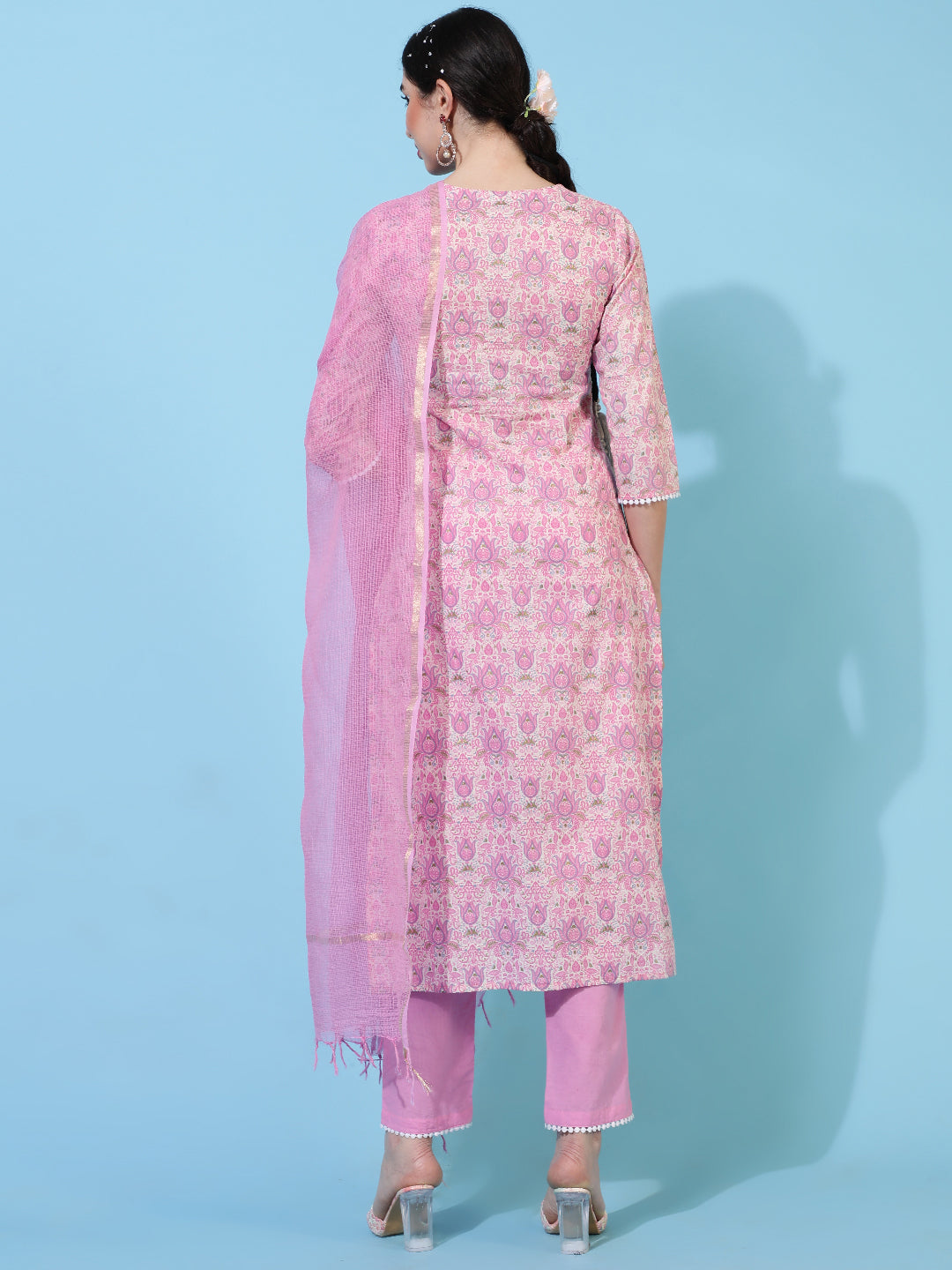 Cotton Calf Length Printed Straight 3/4 Sleeves Round Kurta Bottom Dupatta Set