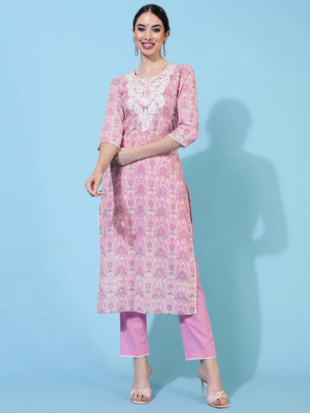 Cotton Calf Length Printed Straight 3/4 Sleeves Round Kurta Bottom Dupatta Set