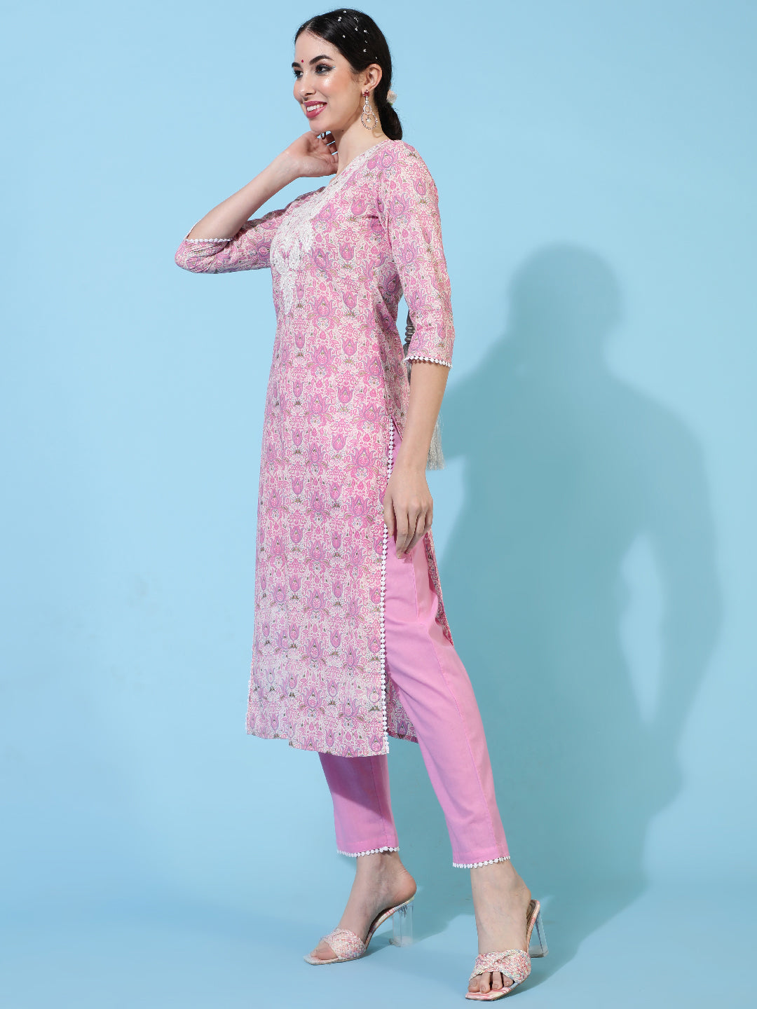 Cotton Calf Length Printed Straight 3/4 Sleeves Round Kurta Bottom Dupatta Set