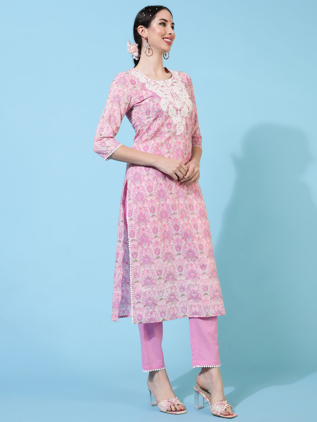 Cotton Calf Length Printed Straight 3/4 Sleeves Round Kurta Bottom Dupatta Set