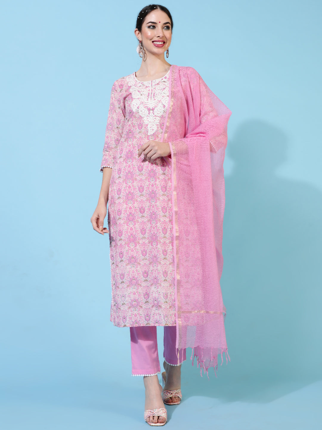 Cotton Calf Length Printed Straight 3/4 Sleeves Round Kurta Bottom Dupatta Set