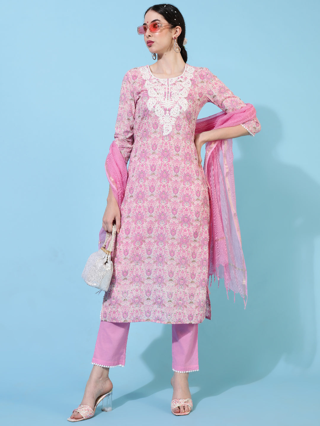 Cotton Calf Length Printed Straight 3/4 Sleeves Round Kurta Bottom Dupatta Set