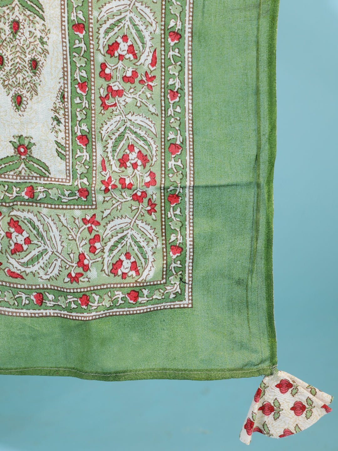 Cotton Calf Length Printed Flared 3/4 Sleeves V-Neck Kurta Bottom Dupatta Set