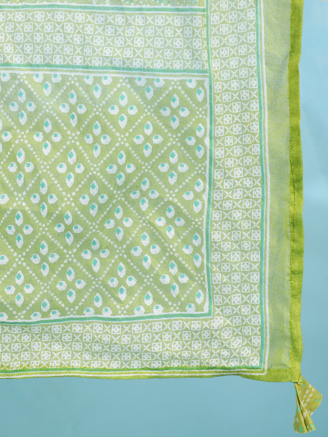 Cotton Calf Length Printed Flared 3/4 Sleeves V-Neck Kurta Bottom Dupatta Set