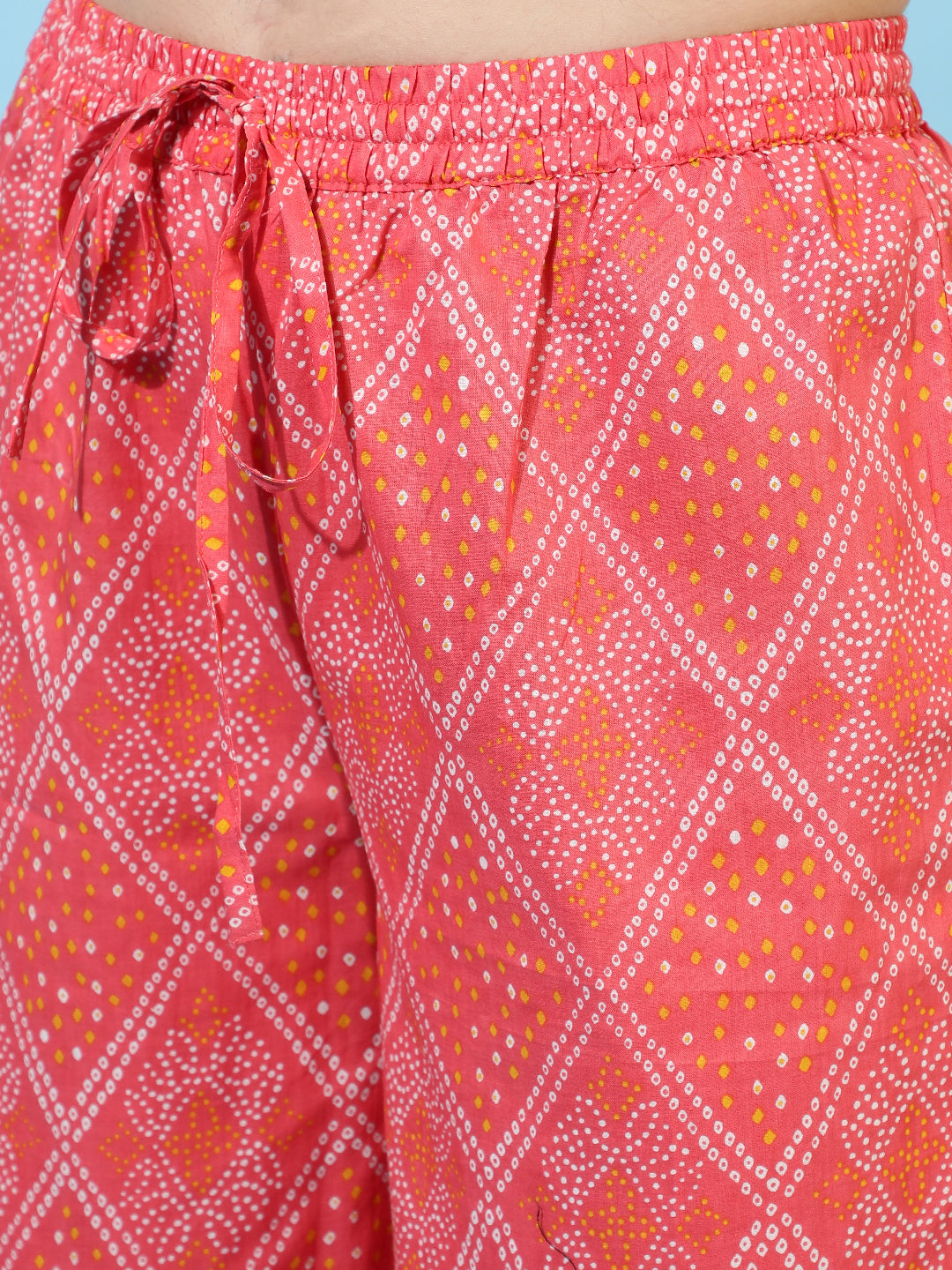 Cotton Calf Length Printed Flared 3/4 Sleeves V-Neck Kurta Bottom Dupatta Set