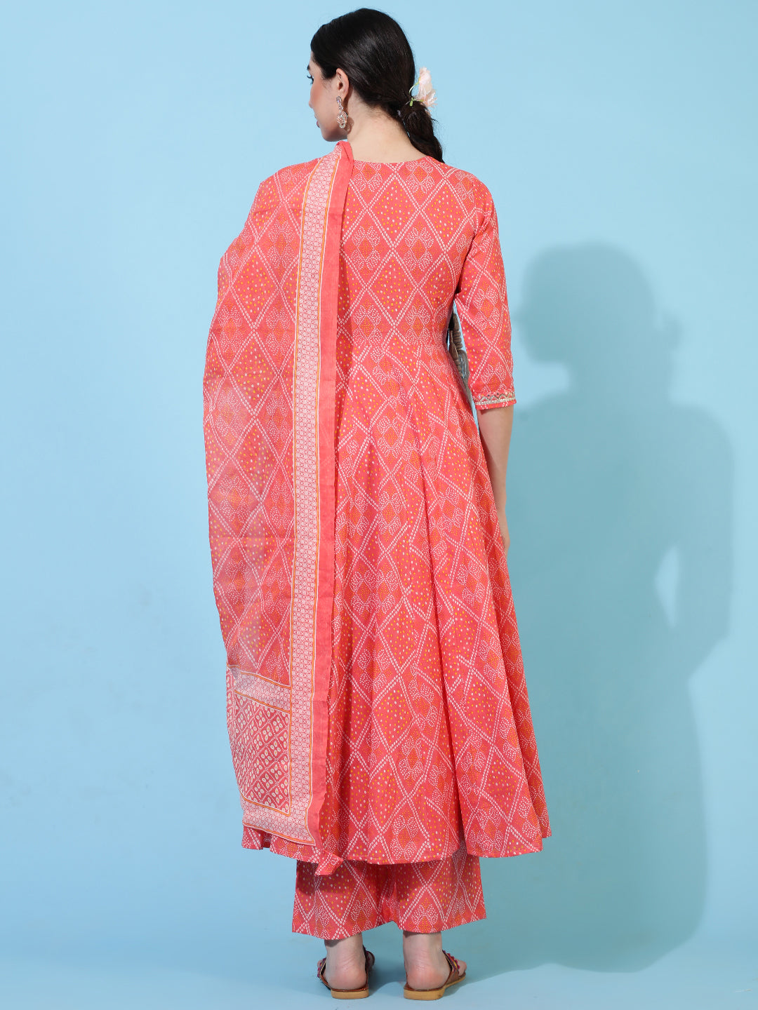 Cotton Calf Length Printed Flared 3/4 Sleeves V-Neck Kurta Bottom Dupatta Set