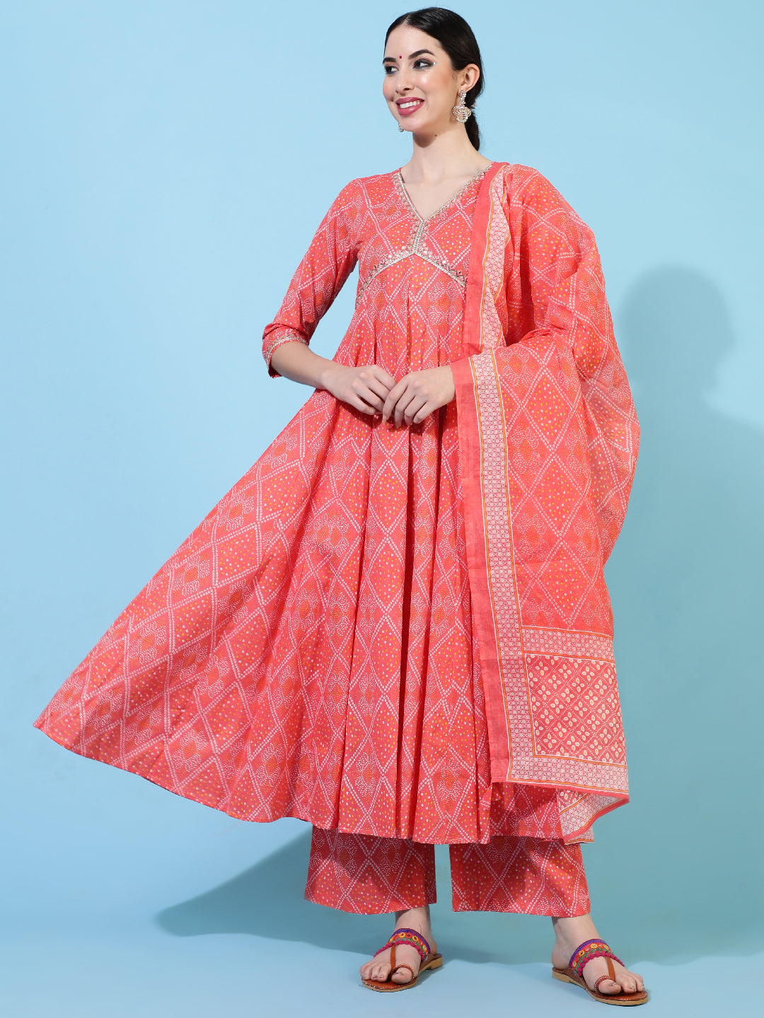 Cotton Calf Length Printed Flared 3/4 Sleeves V-Neck Kurta Bottom Dupatta Set