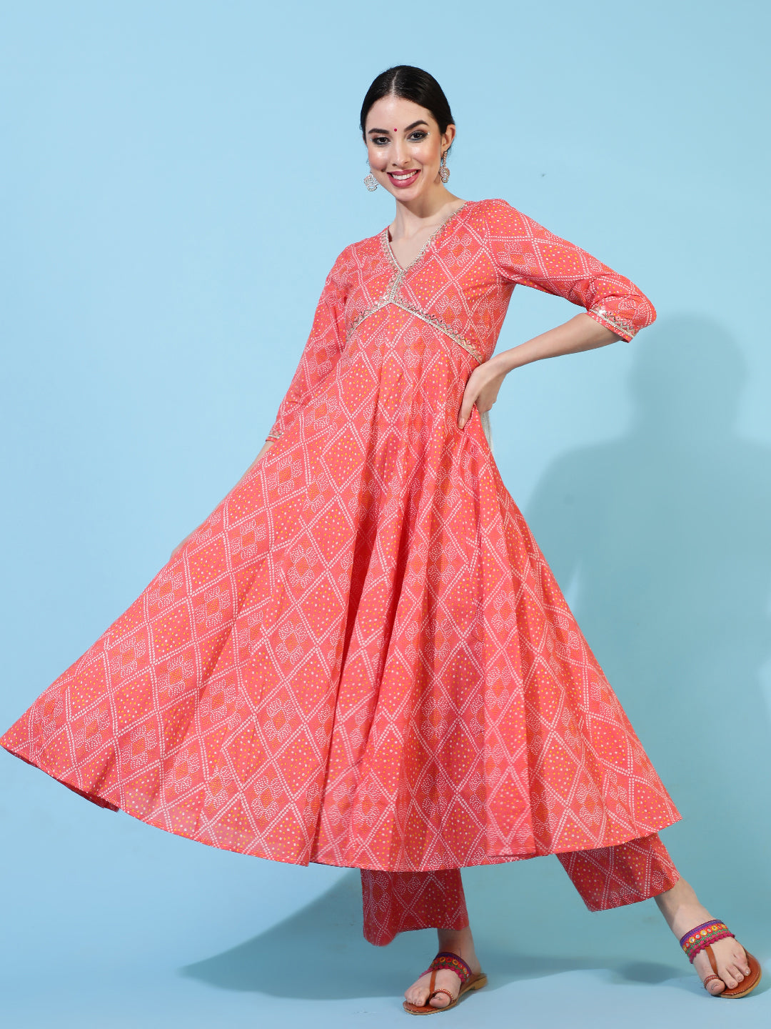 Cotton Calf Length Printed Flared 3/4 Sleeves V-Neck Kurta Bottom Dupatta Set