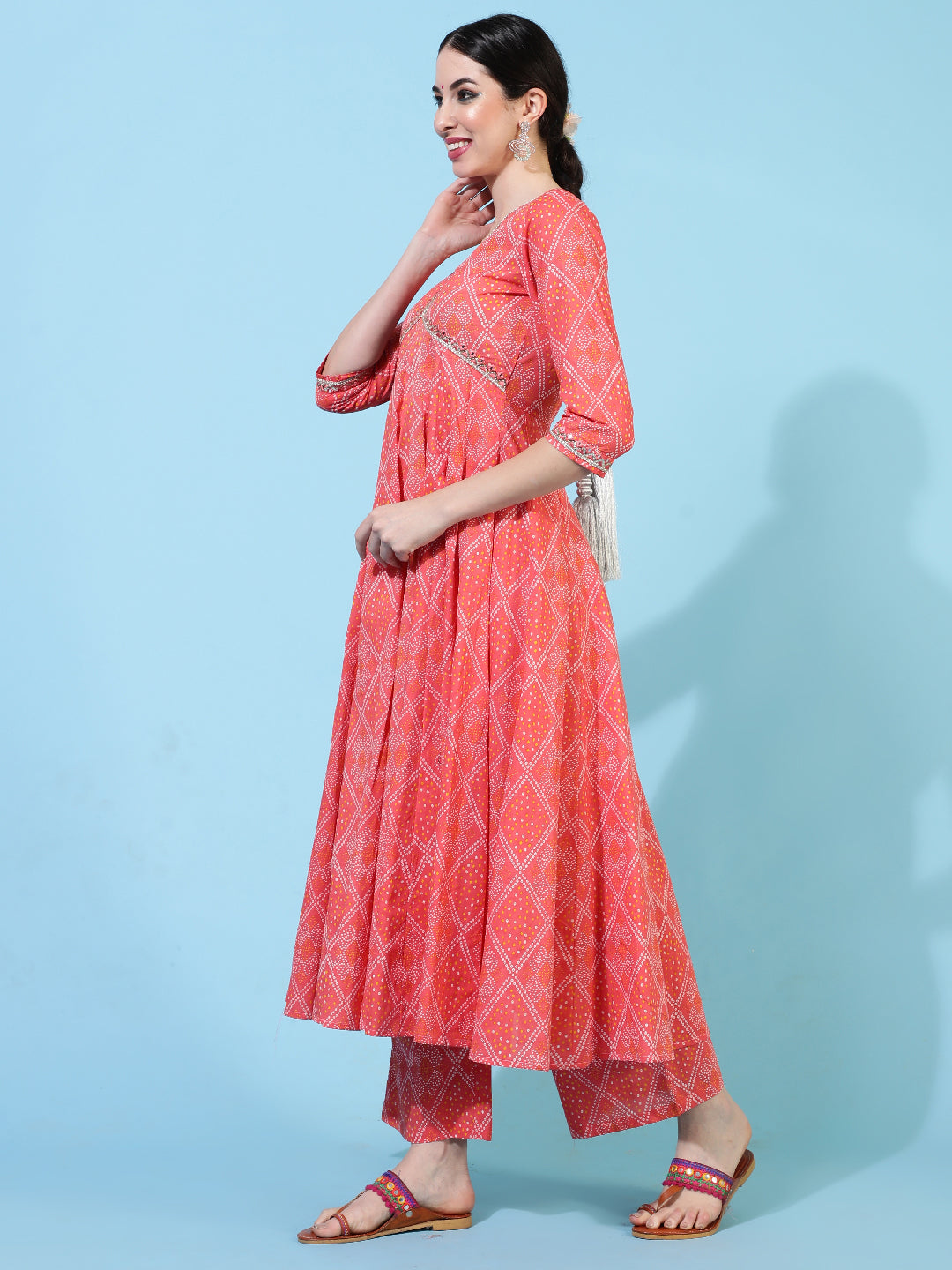 Cotton Calf Length Printed Flared 3/4 Sleeves V-Neck Kurta Bottom Dupatta Set
