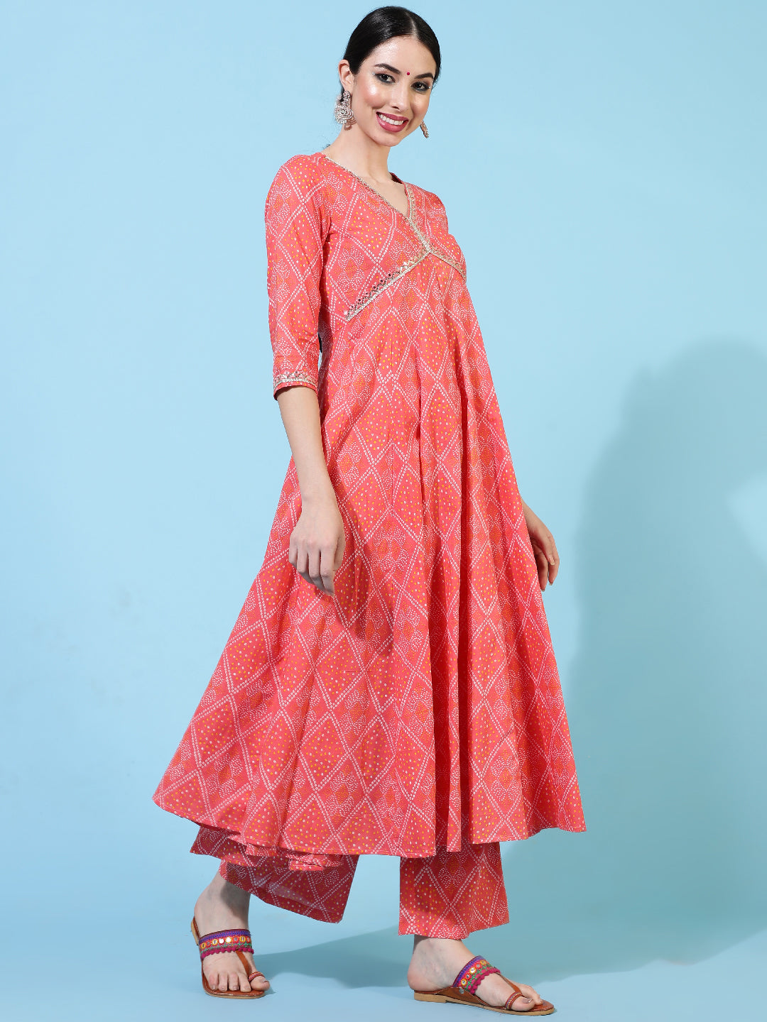 Cotton Calf Length Printed Flared 3/4 Sleeves V-Neck Kurta Bottom Dupatta Set