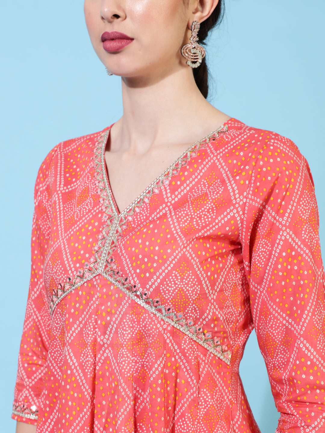 Cotton Calf Length Printed Flared 3/4 Sleeves V-Neck Kurta Bottom Dupatta Set