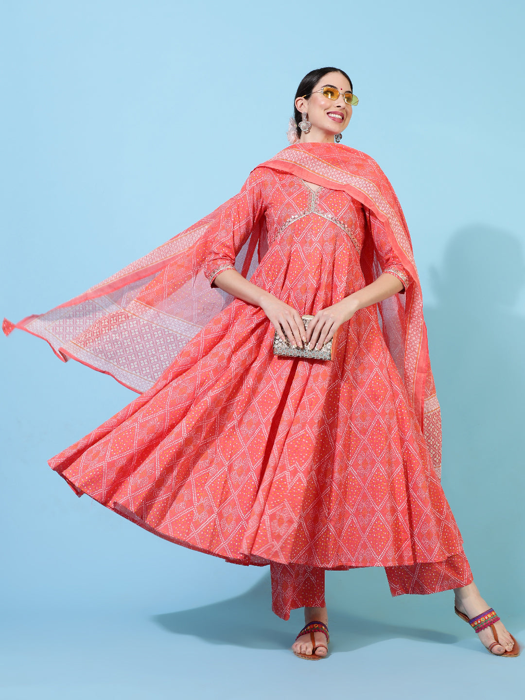 Cotton Calf Length Printed Flared 3/4 Sleeves V-Neck Kurta Bottom Dupatta Set