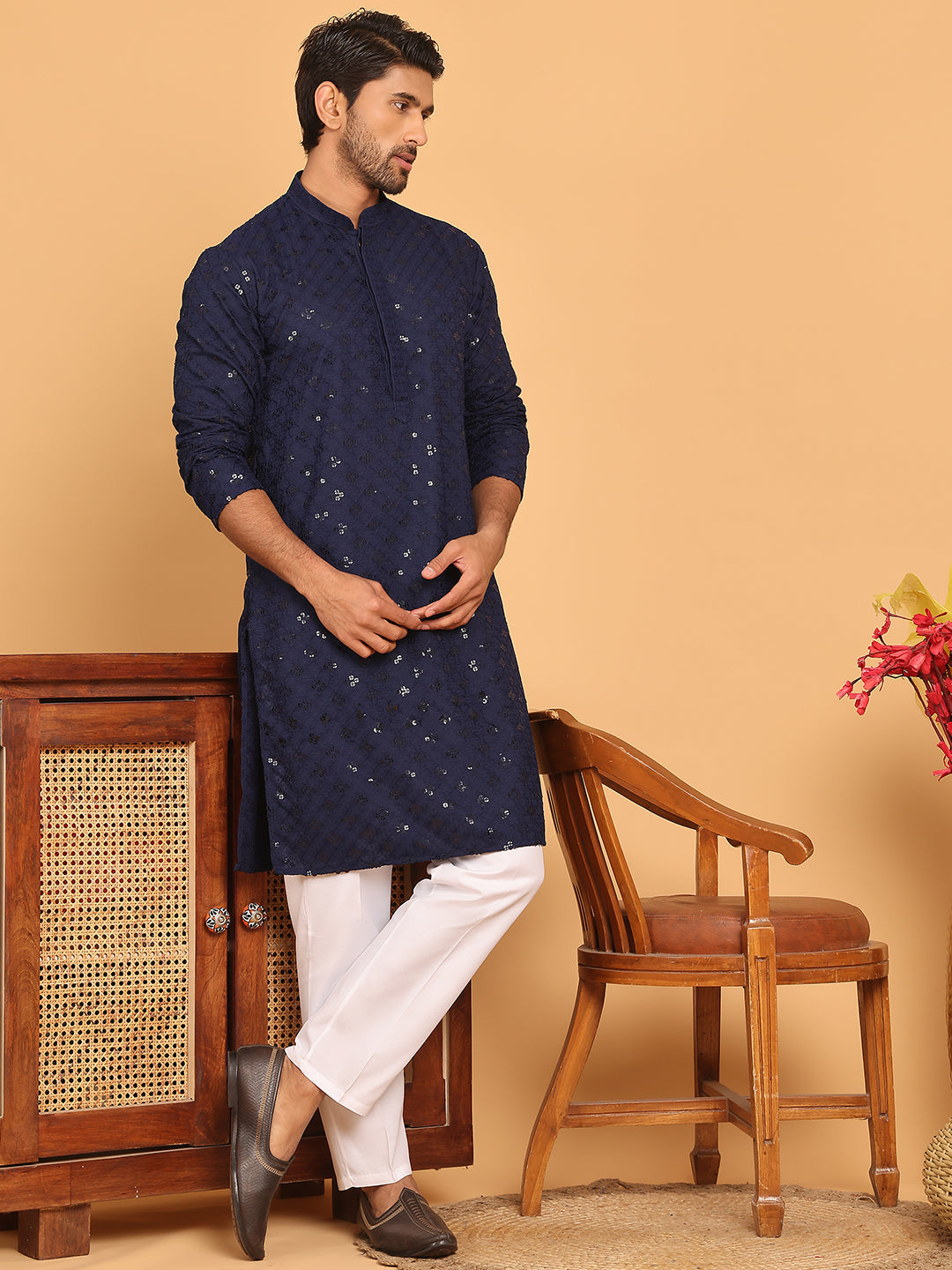 Embroidered Chikankari And Sequence Kurta With Pyjama For Men