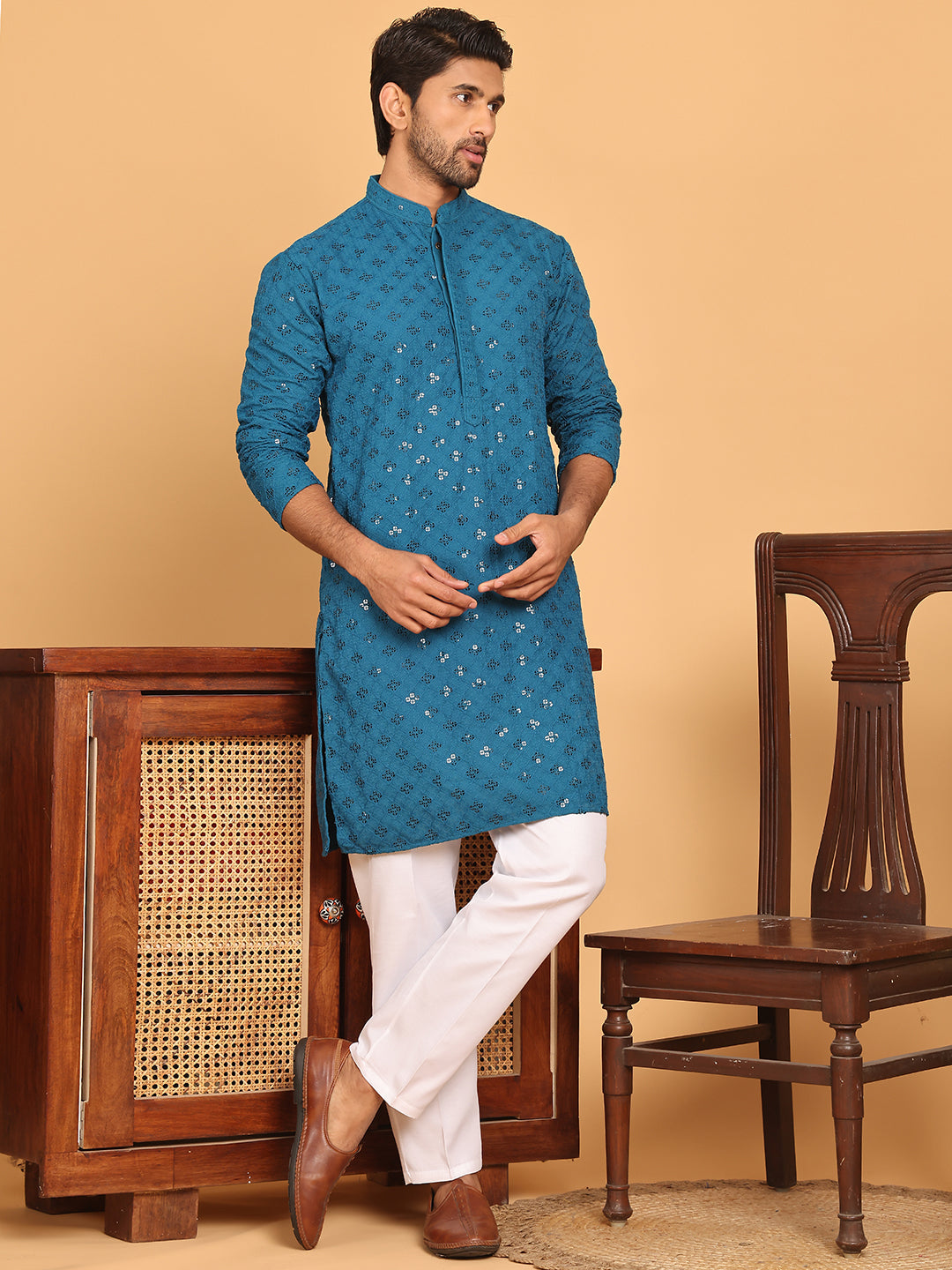 Embroidered Chikankari And Sequence Kurta With Pyjama For Men