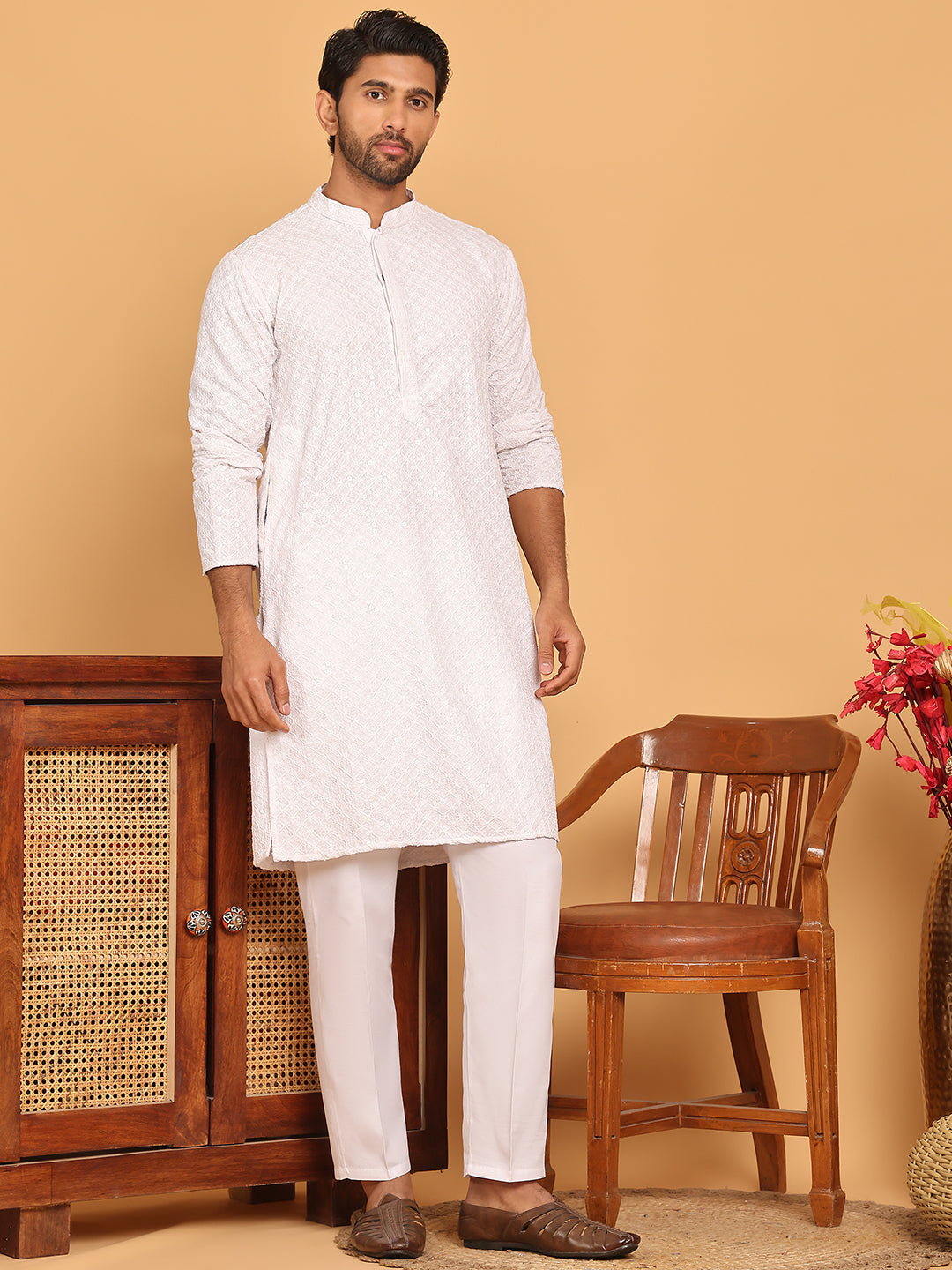 Embroidered Chikankari And Sequence Kurta With Pyjama For Men