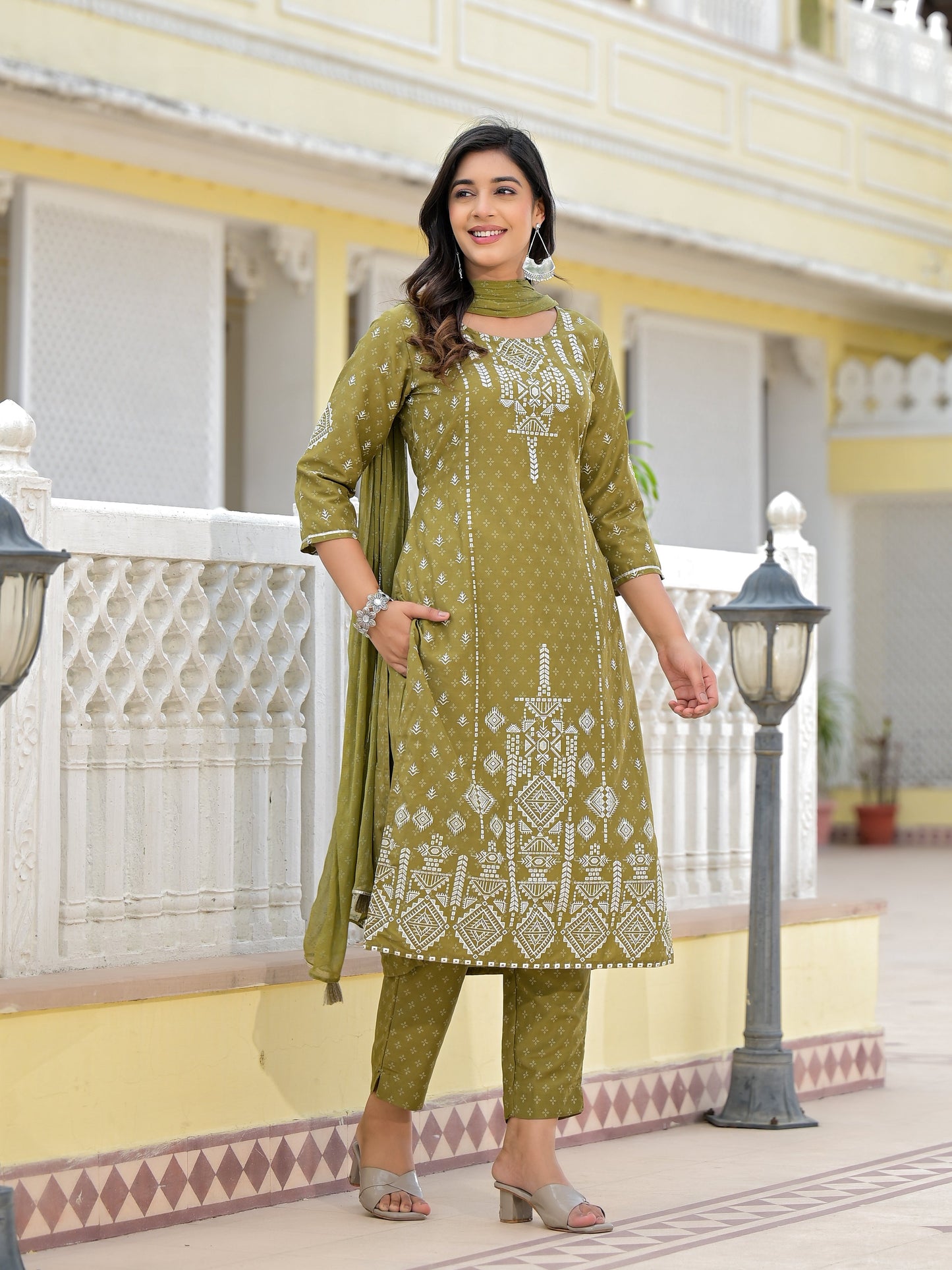 Olive Green Ethnic Motif Printed Viscose Kurta, Pant And Dupatta Set With Gota Patti Work