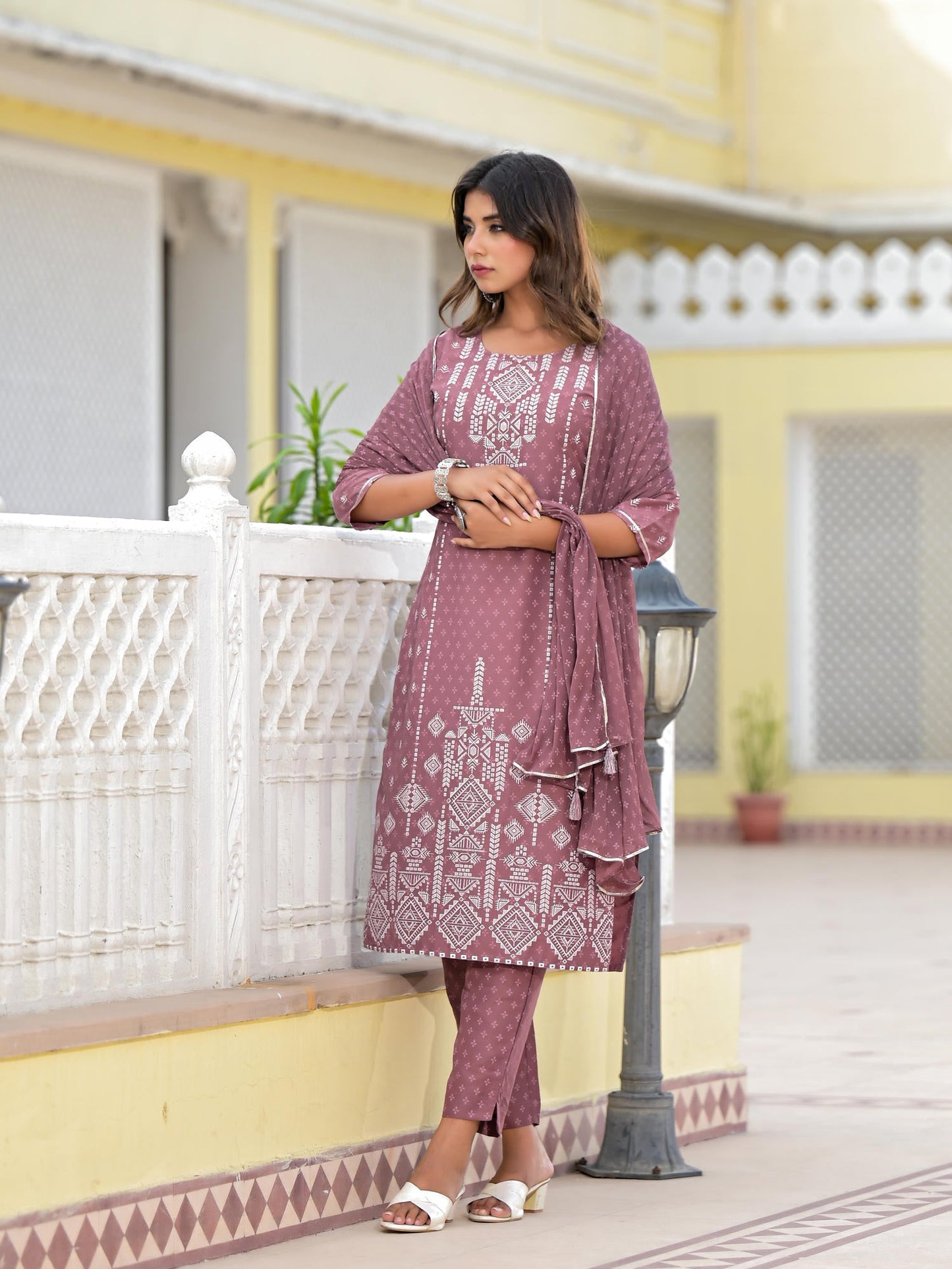 Onion Pink Ethnic Motif Printed Viscose Kurta, Pant And Dupatta Set With Gotta Patti Work