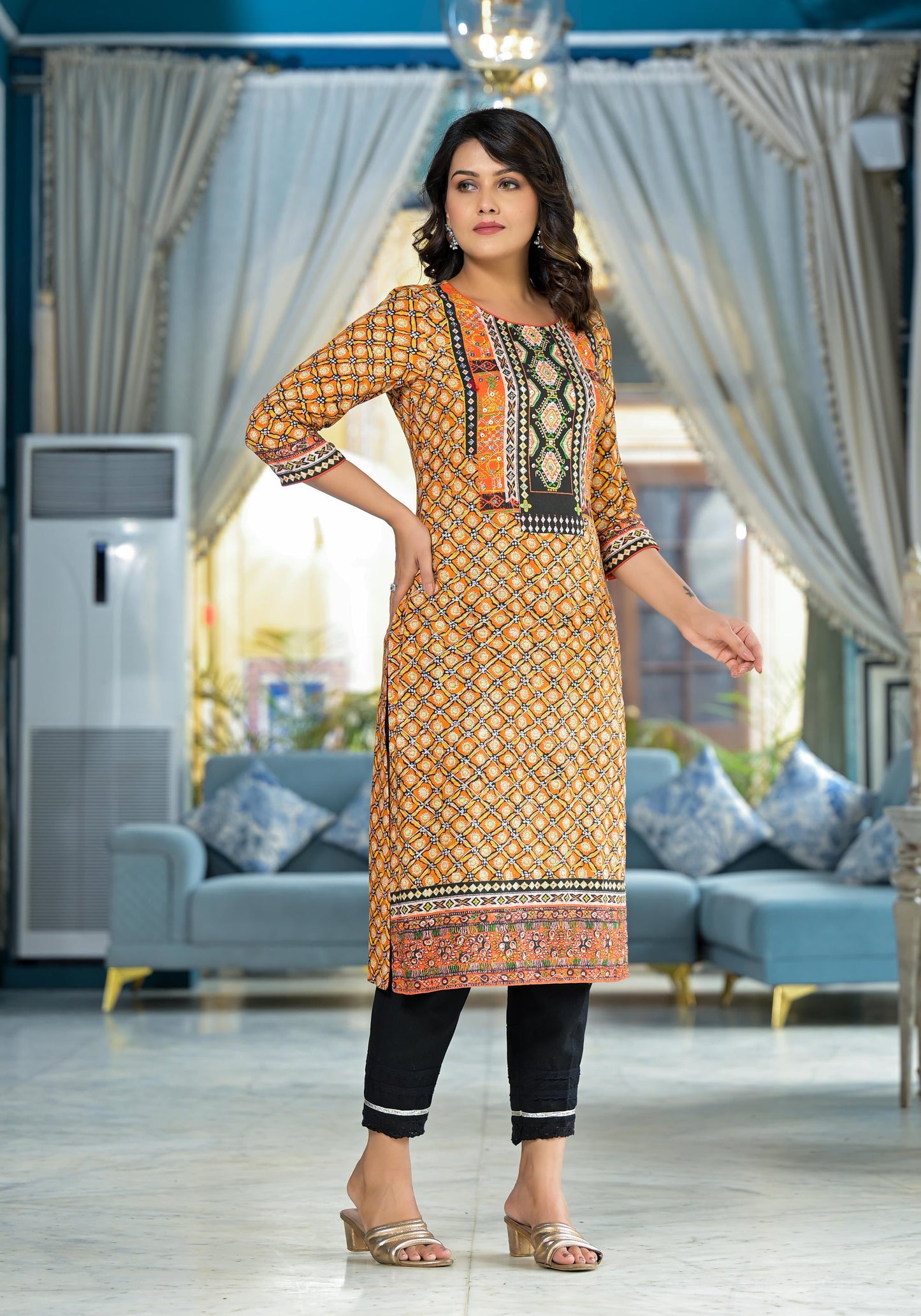 Mustard Ethnic Motif Printed Liva Rayon Kurta With Sequins & Gota Patti Work
