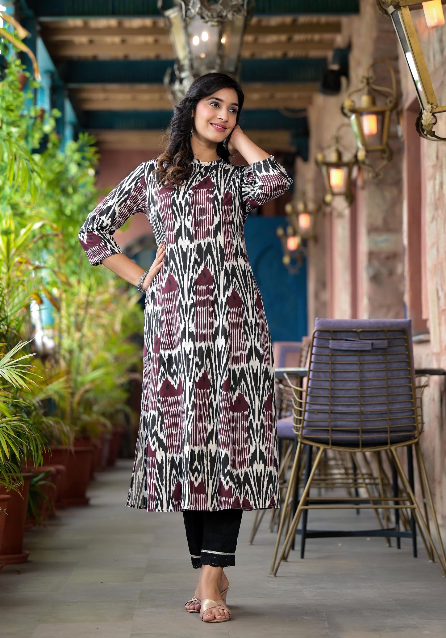 Multi Colour Ikat Printed Liva Rayon Kurta With Button Closure