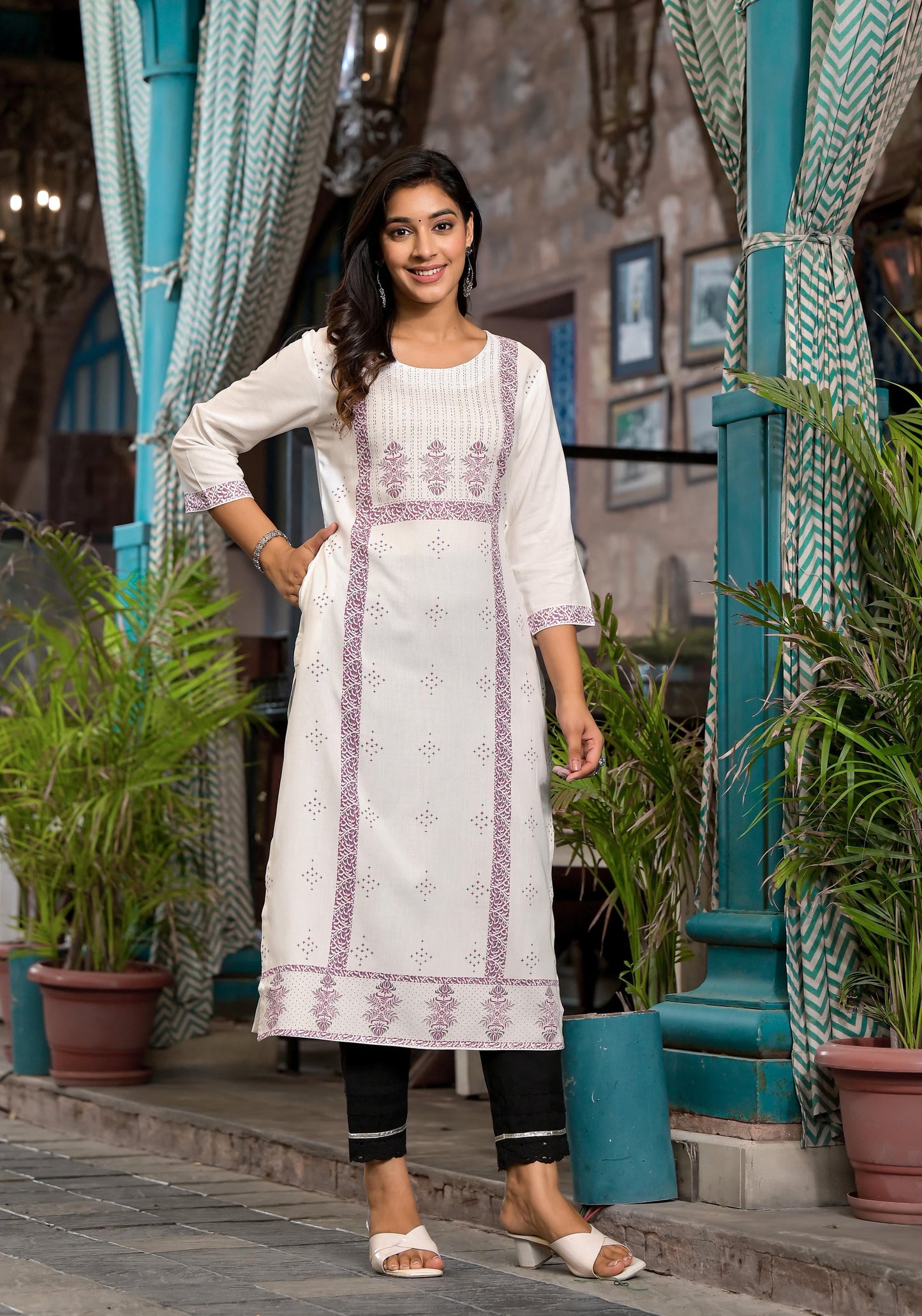 White Ethnic Motif Printed Rayon Round Neck Kurta With Straight Hemline For Women
