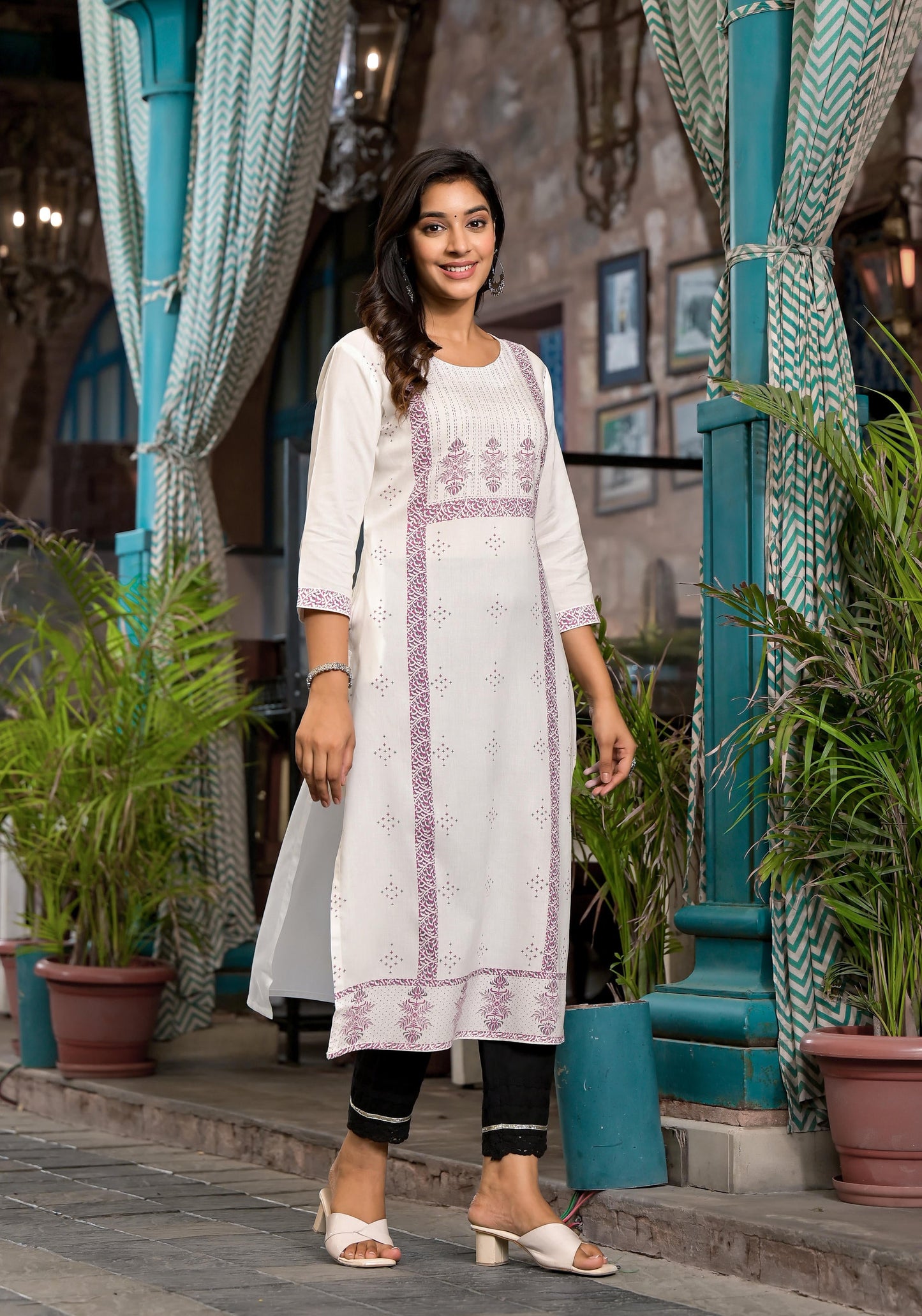 White Ethnic Motif Printed Rayon Round Neck Kurta With Straight Hemline For Women