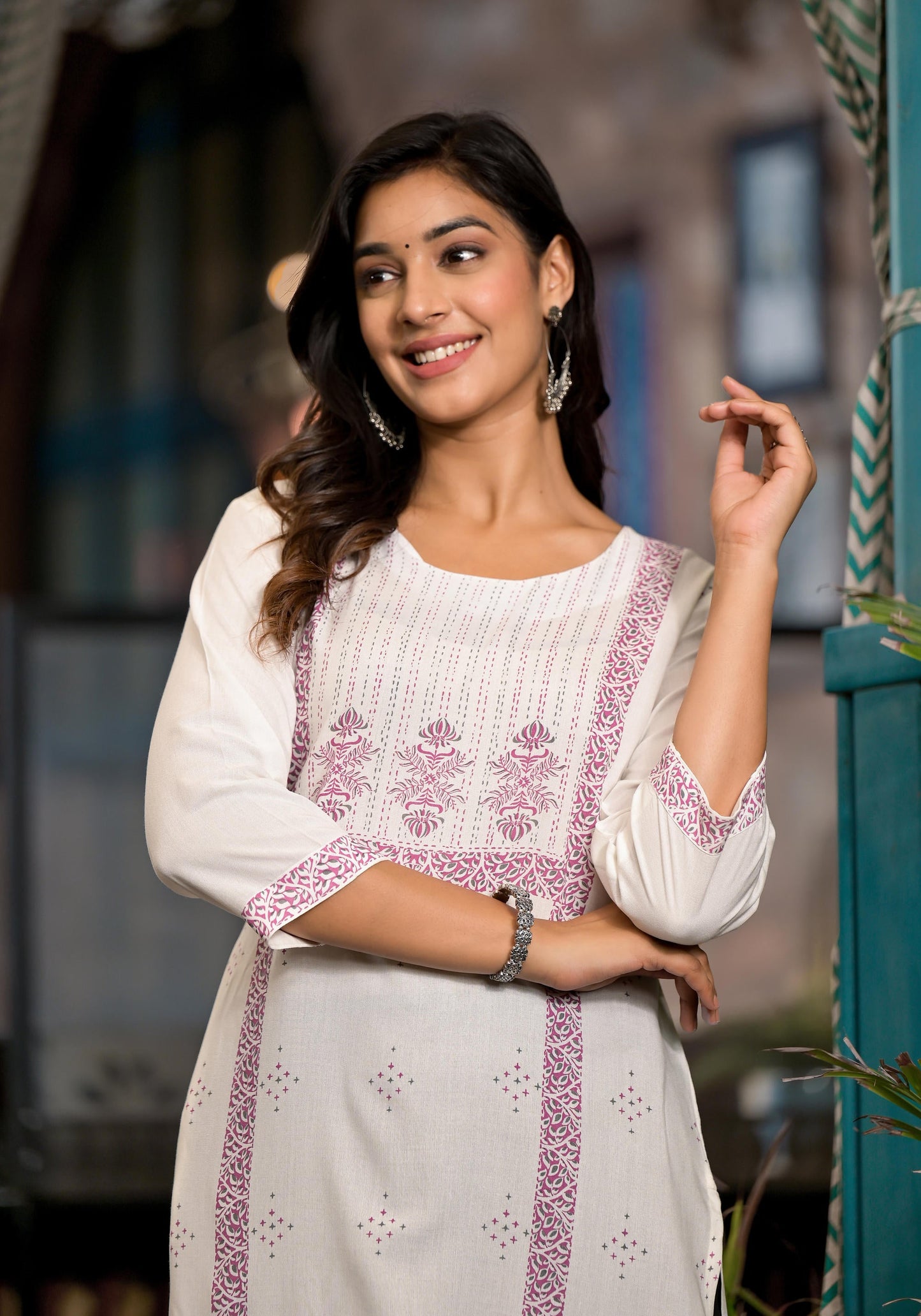 White Ethnic Motif Printed Rayon Round Neck Kurta With Straight Hemline For Women