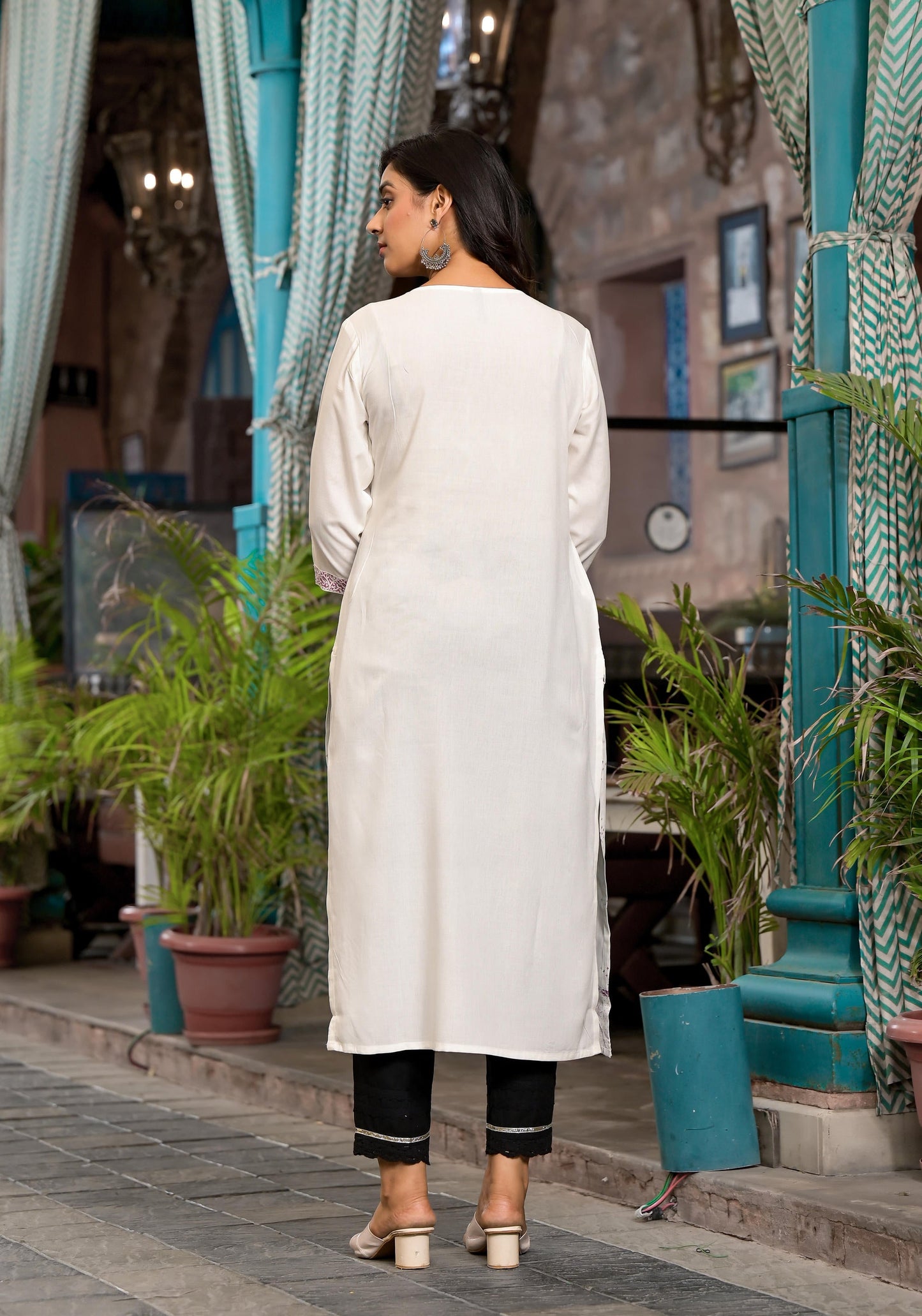 White Ethnic Motif Printed Rayon Round Neck Kurta With Straight Hemline For Women