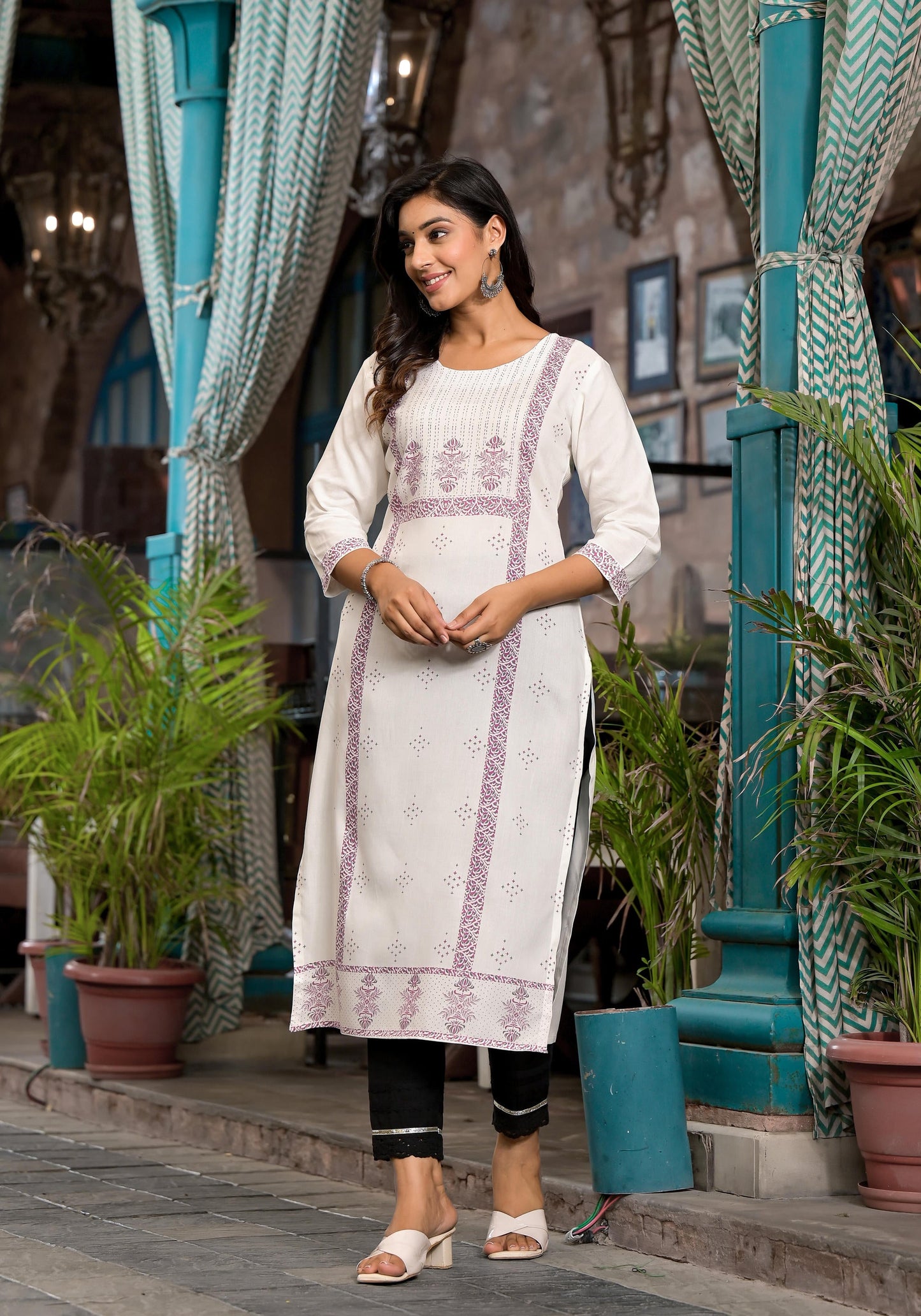 White Ethnic Motif Printed Rayon Round Neck Kurta With Straight Hemline For Women