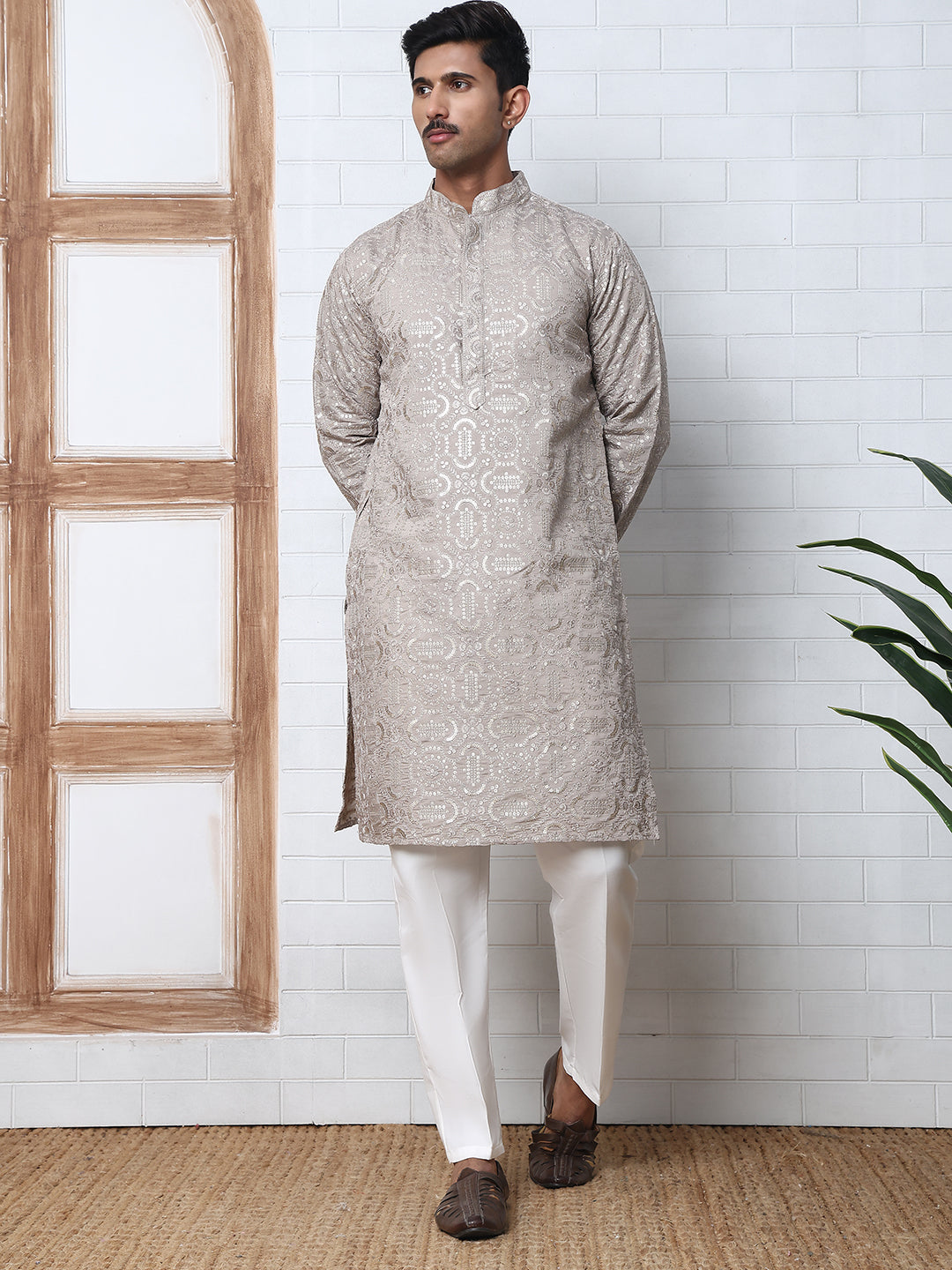 Silk Blend Designer Embroidered Kurta Pyjama