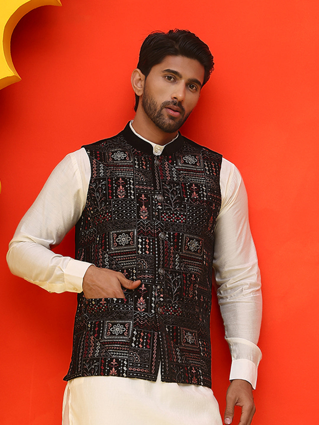 Black Embroidered Velvet Nehru Jacket For Men
