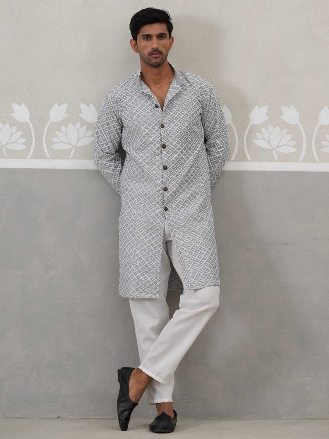 Sequin Chikankari Front Open Kurta With Pyjamas