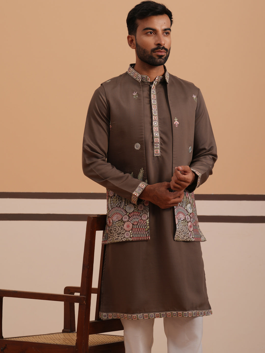 Embroidered Nehru Jacket With Kurta Pyjama Set