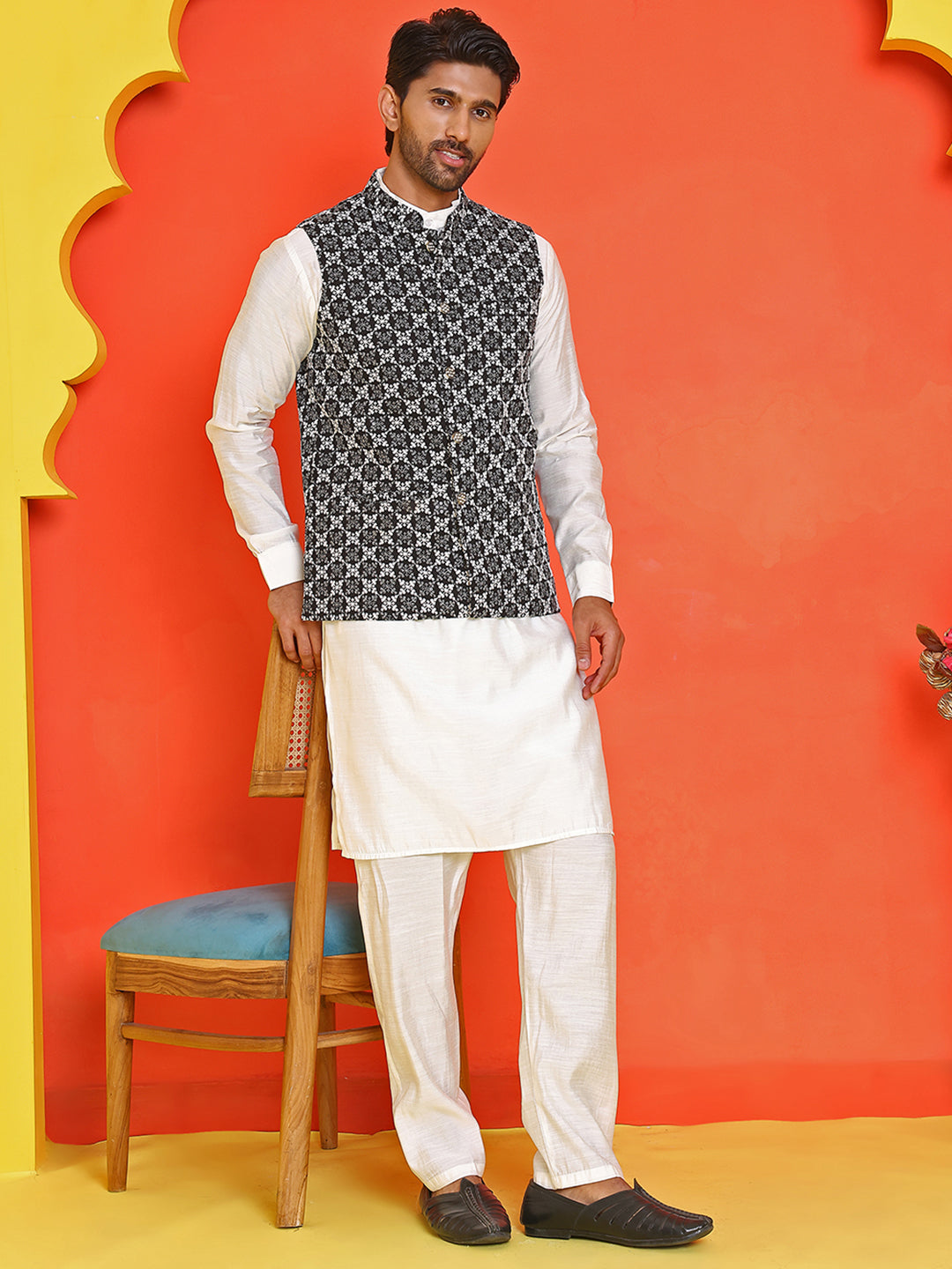 Embroidered Nehru Jacket With Solid Kurta Pyjama Set
