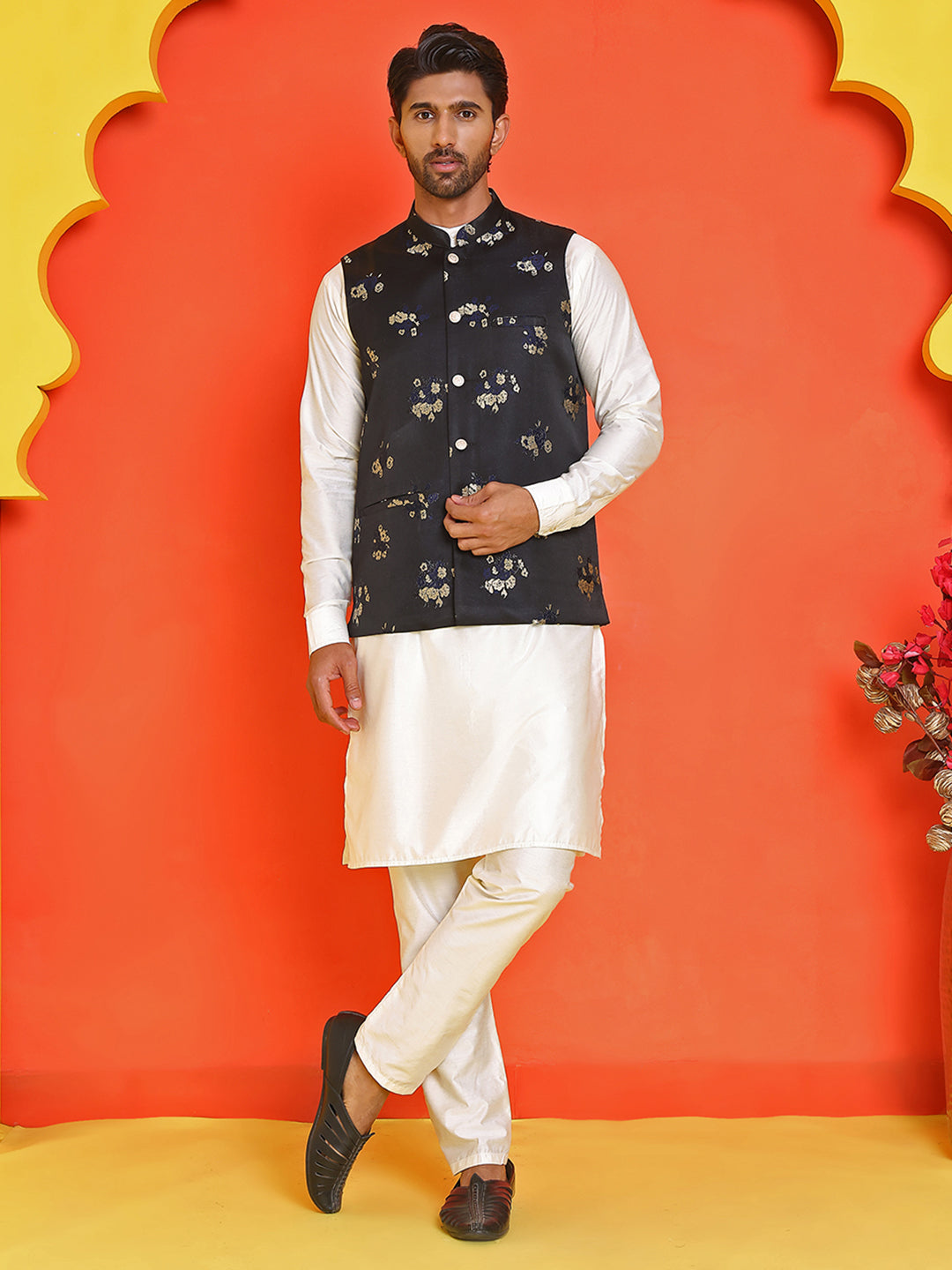 Embossed Nehru Jacket With Solid Kurta Pyjama.