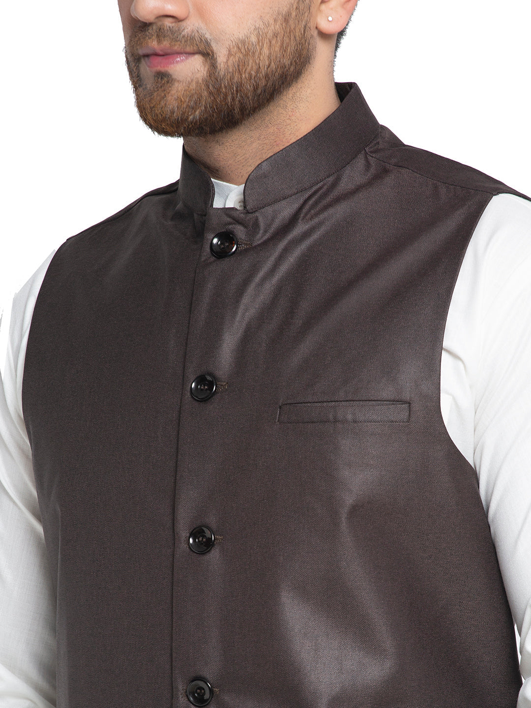 Solid White Cotton Kurta Payjama With Solid Coffee Waistcoat