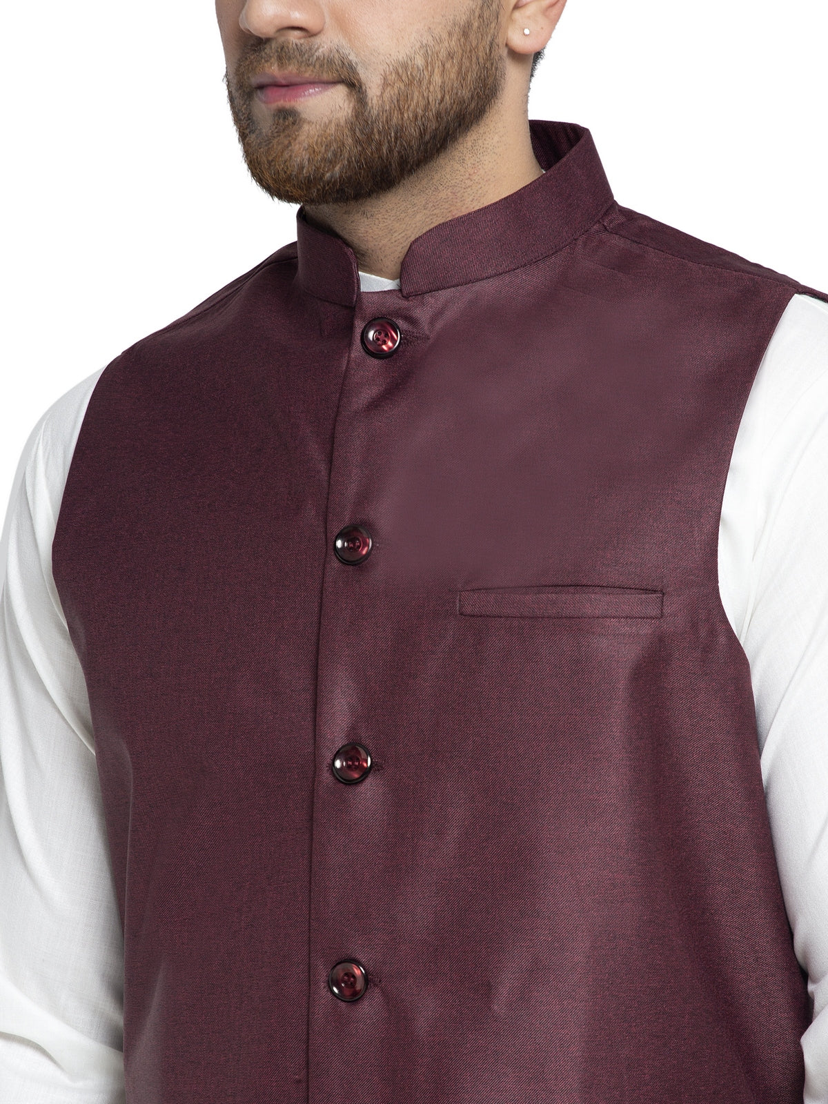 Solid White Cotton Kurta Payjama With Solid Maroon Waistcoat