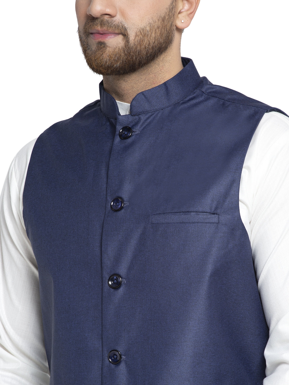 Solid White Cotton Kurta Payjama With Solid Navy Waistcoat