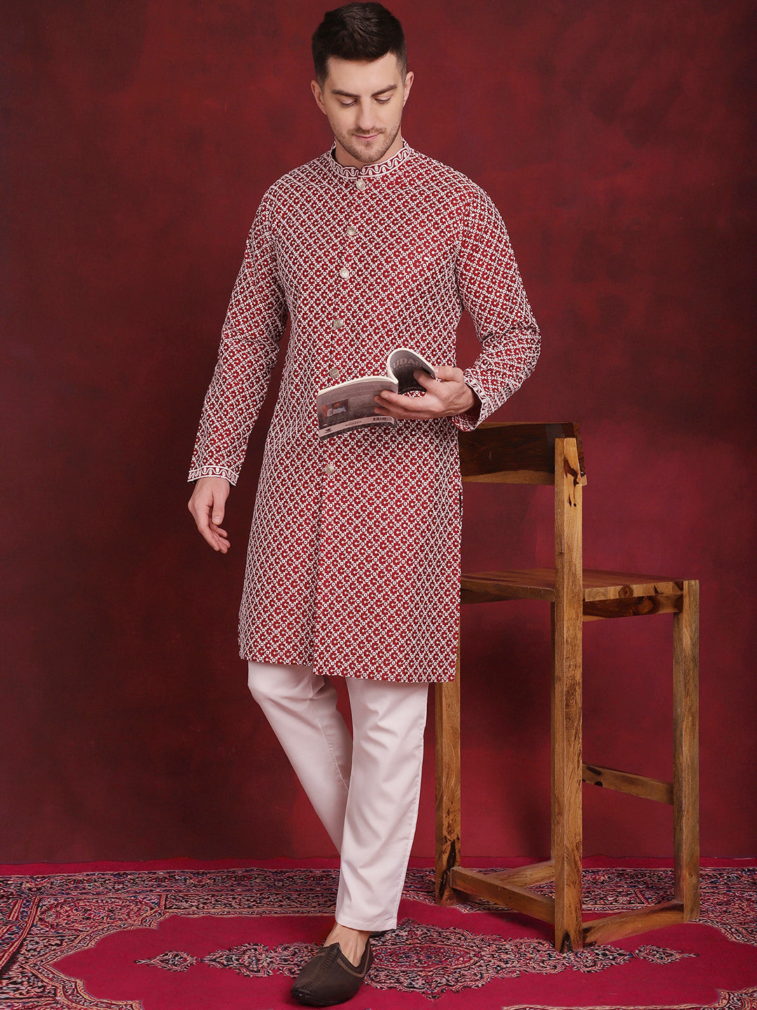 Sequin Chikankari Front Open Kurta With Pyjamas