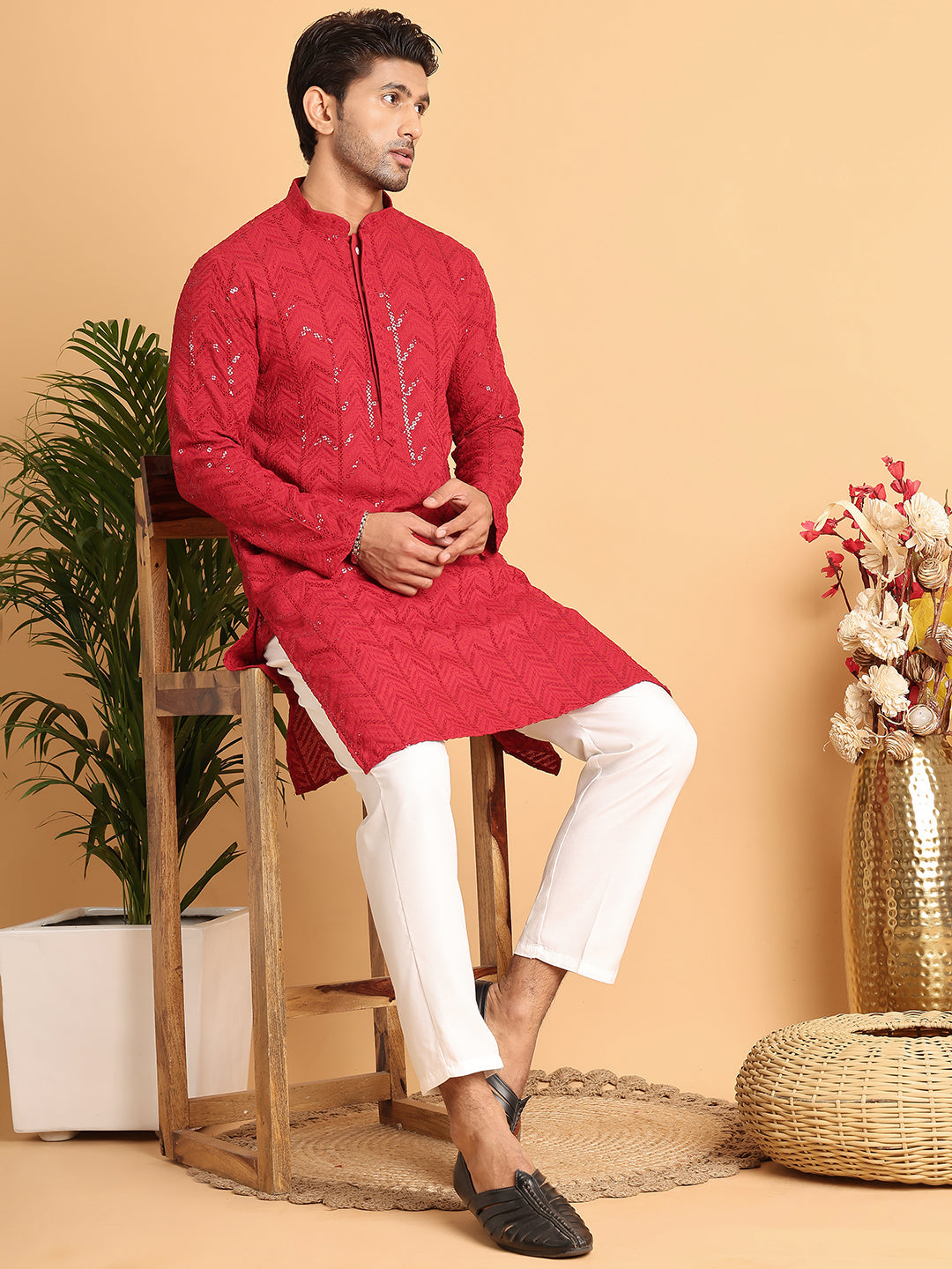 Embroidered Sequined Viscose Straight Kurta Pyjama.