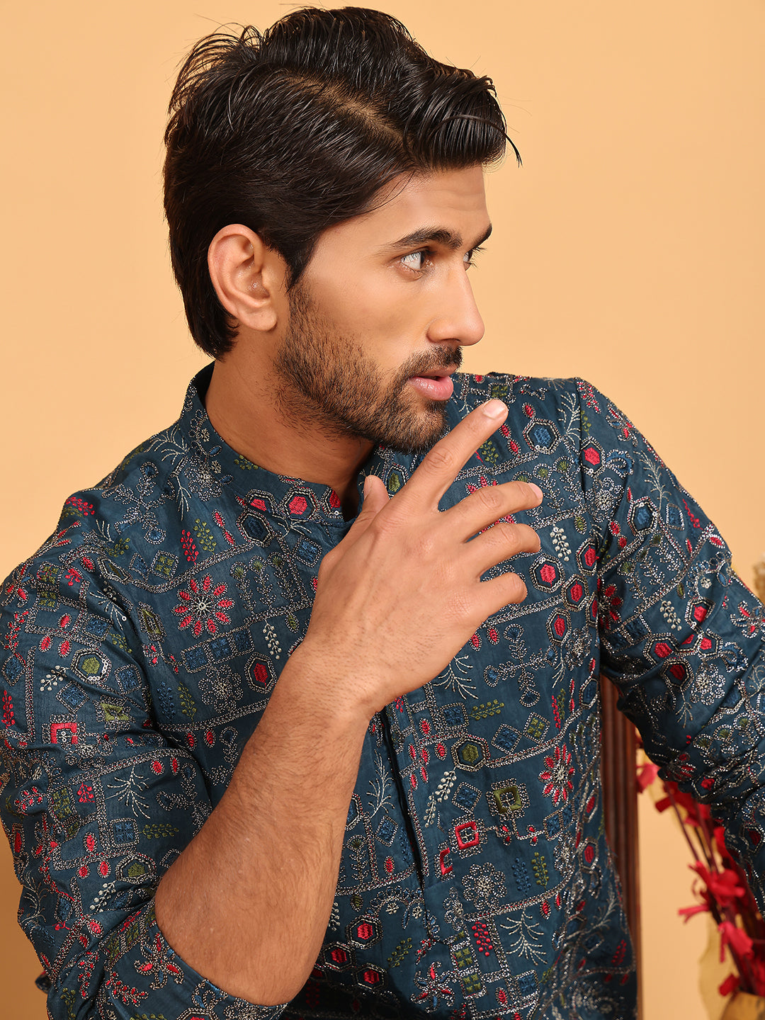 Blue Embroidered Straight Kurta Set For Men
