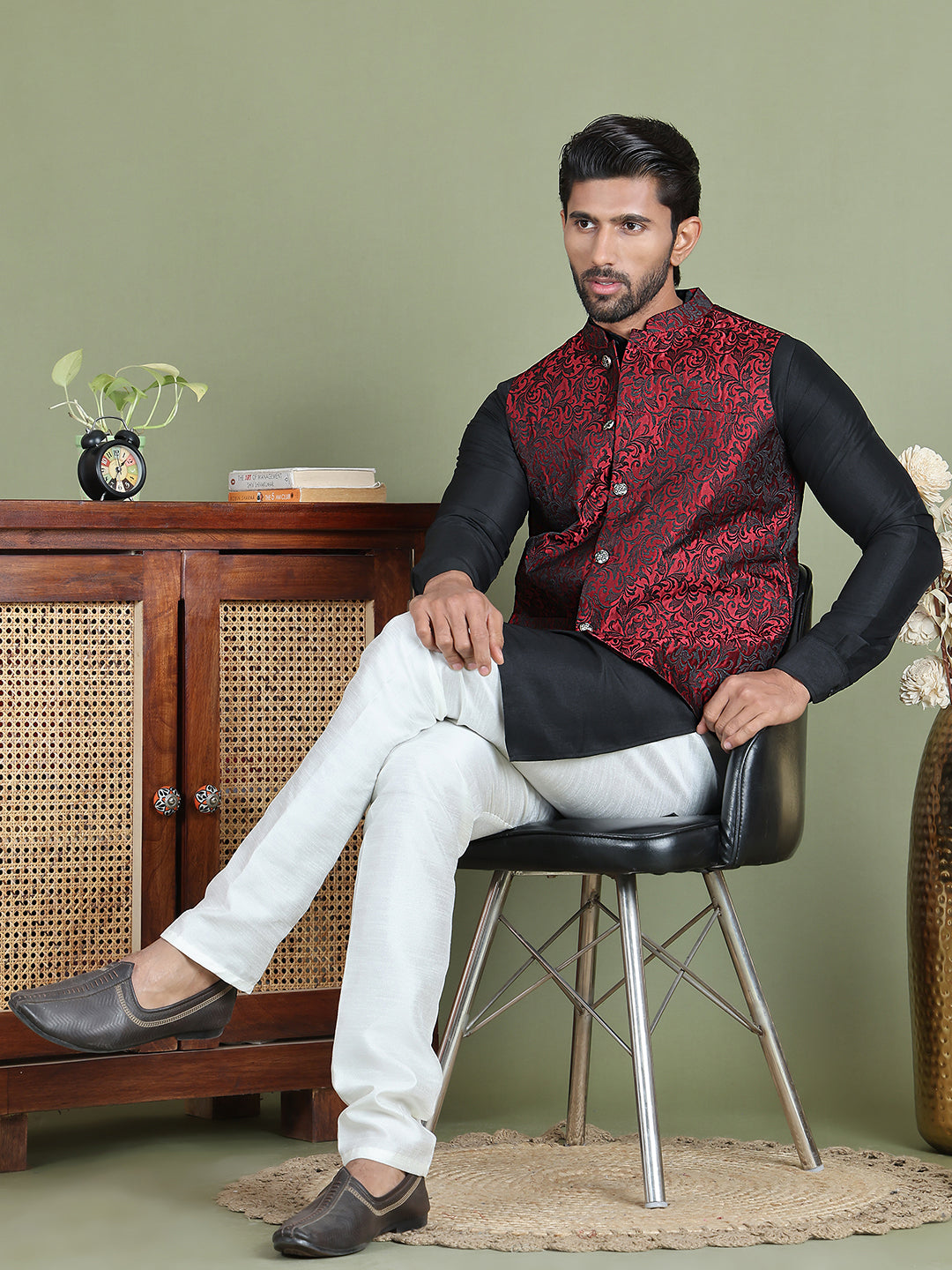 Woven Design Nehru Jacket For Men