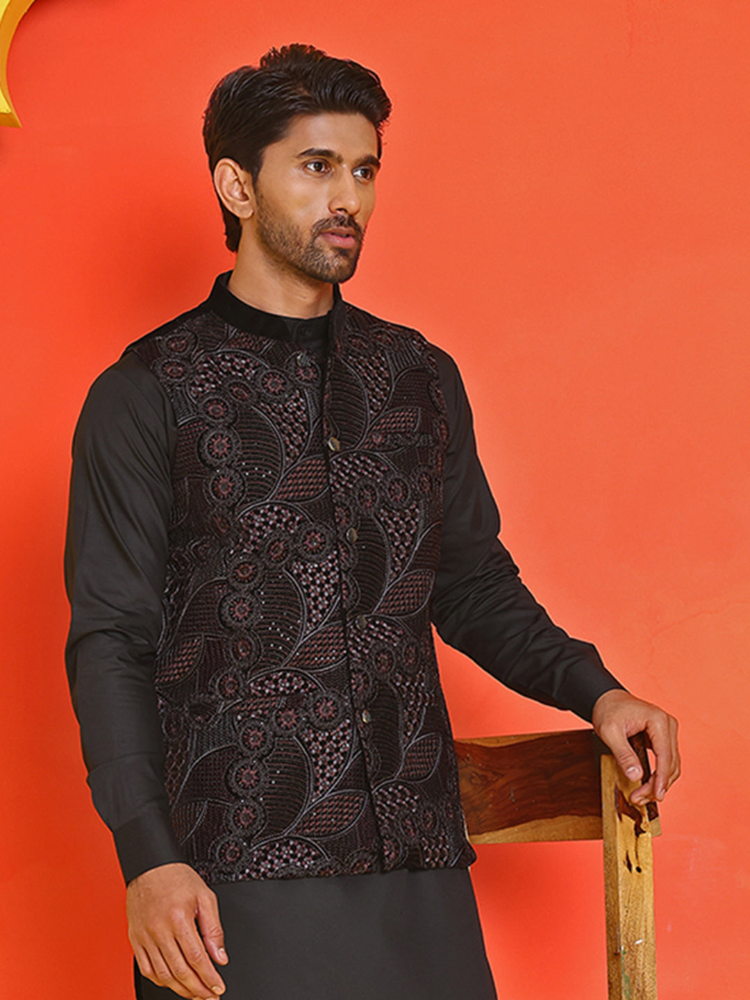 Black Embroidered Velvet Nehru Jacket For Men