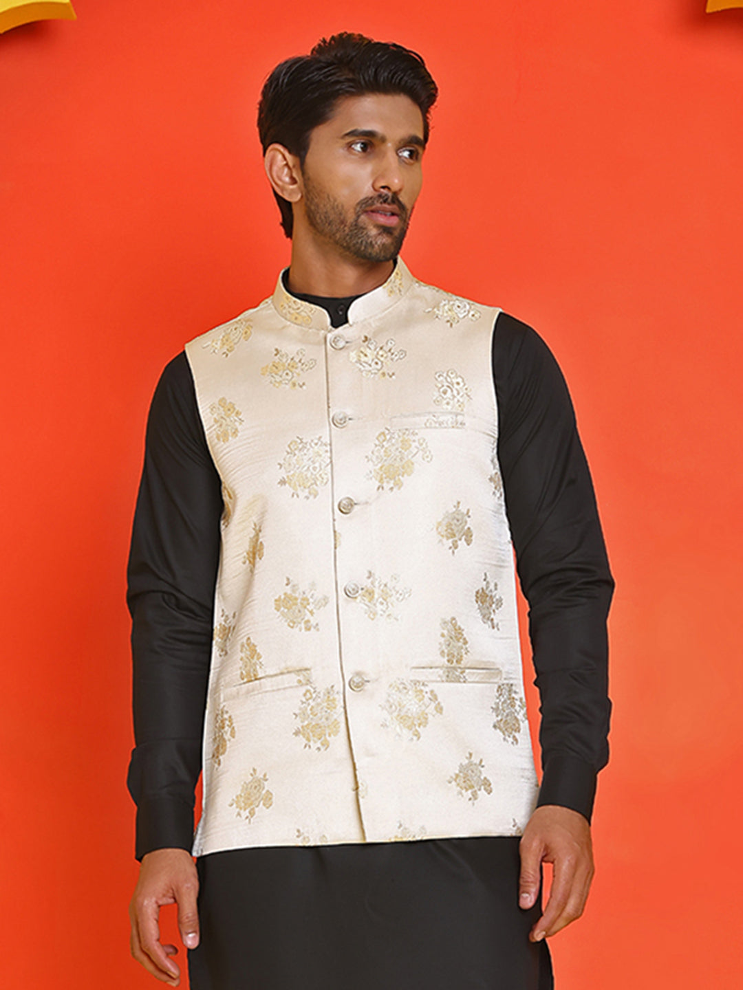 Embossed Design Nehru Jacket For Men