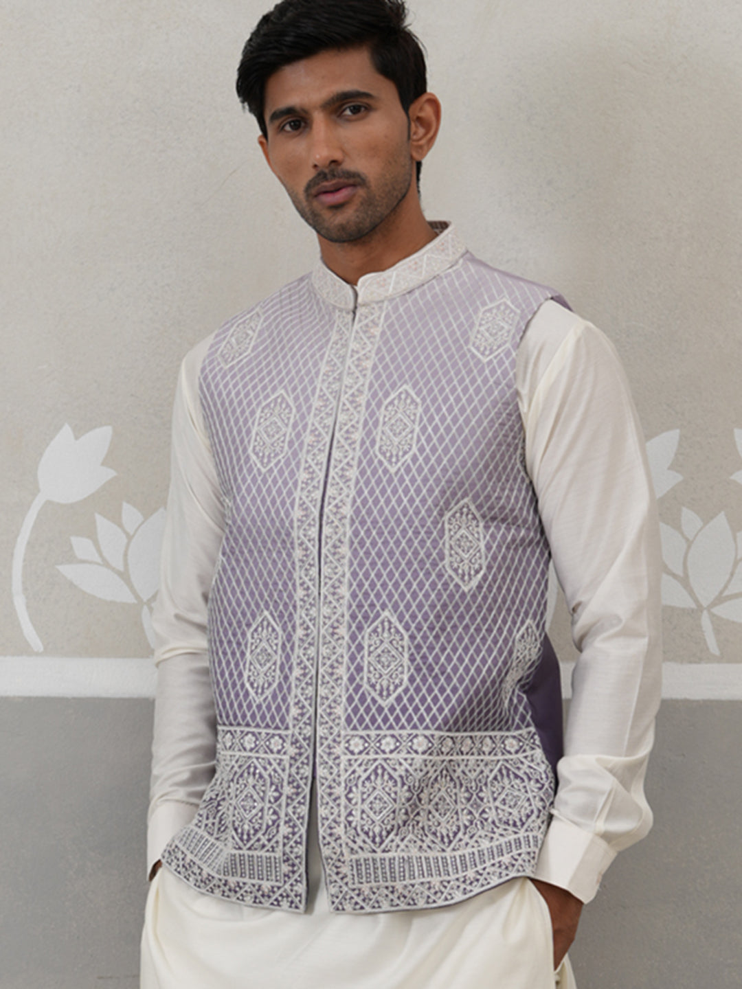 Purple Silk Blend Embroidered Nehru Jacket