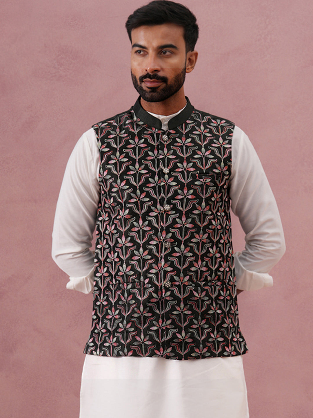 Floral Embroidered Silk Nehru Jacket