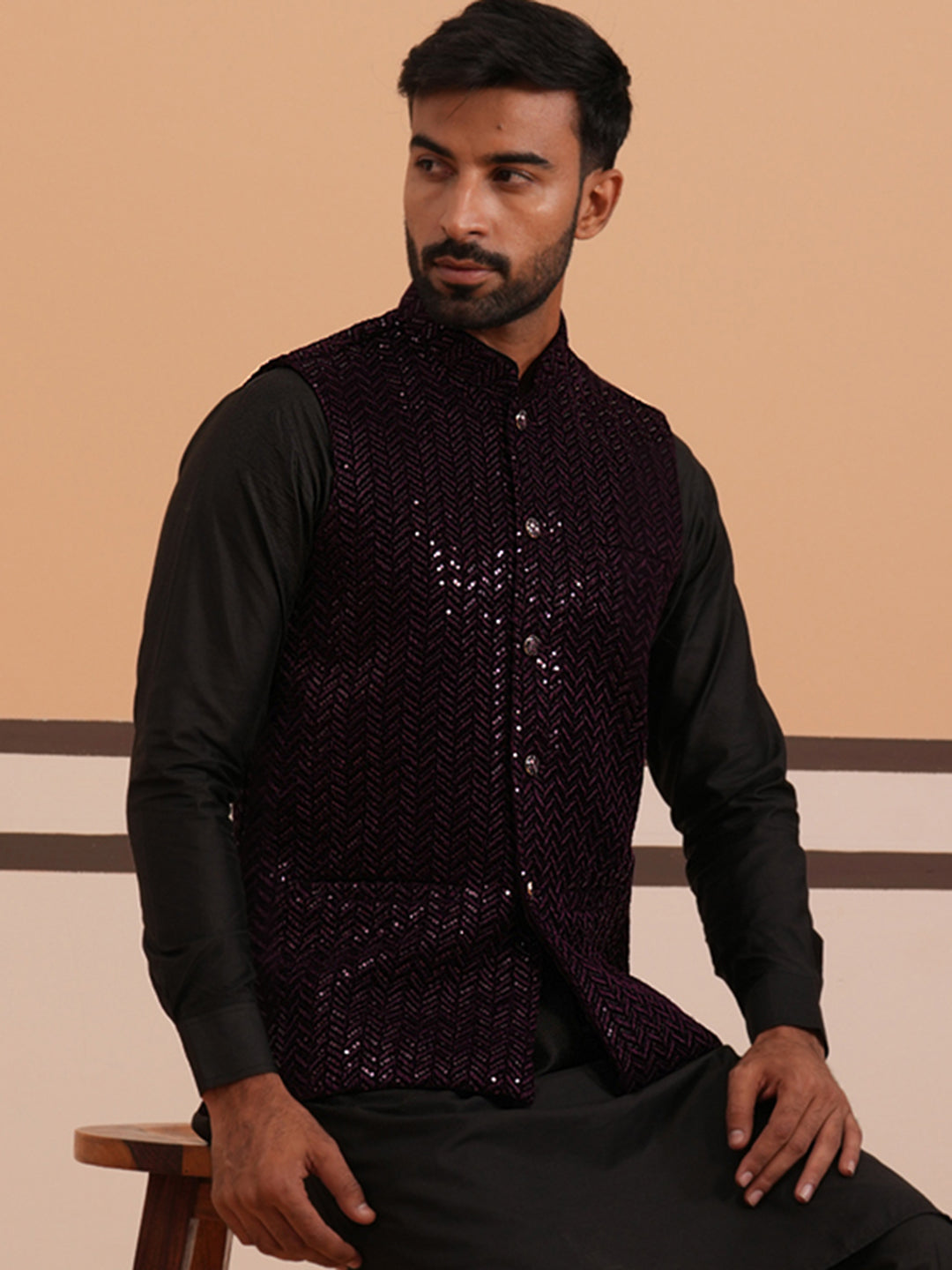 Men’S Velvet Sequin Work Nehru Jacket