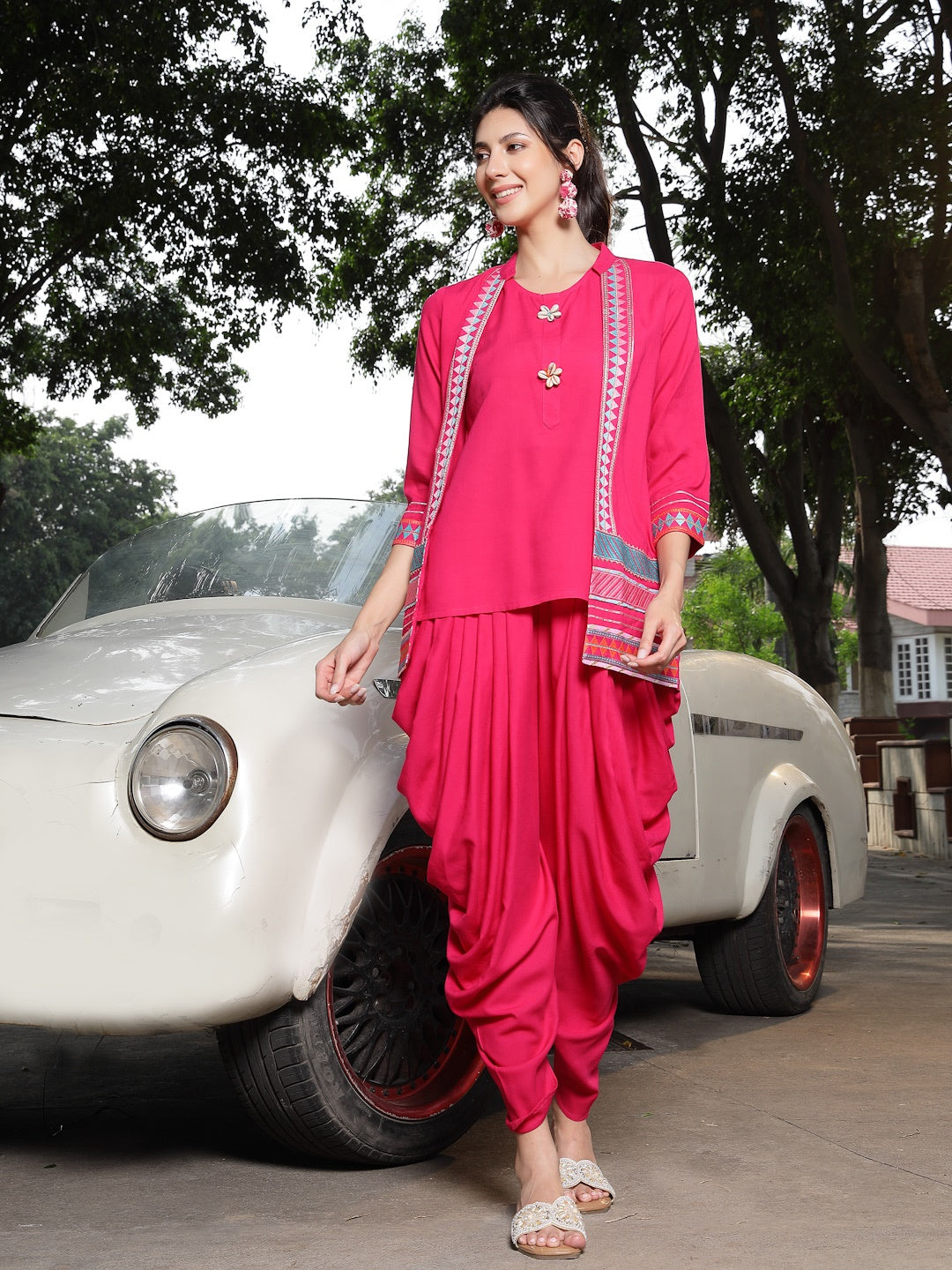 Pink Solid & Embroidered Cotton A-Line Kurti Dhoti Pant With Jacket (Pre-Order)